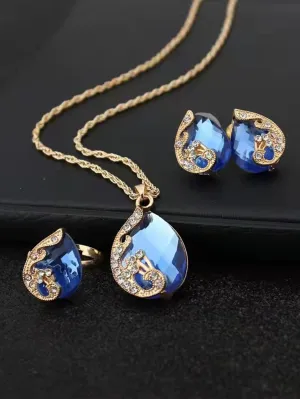 4pcs Rhinestone Water-drop Decor Jewelry Set - Blue