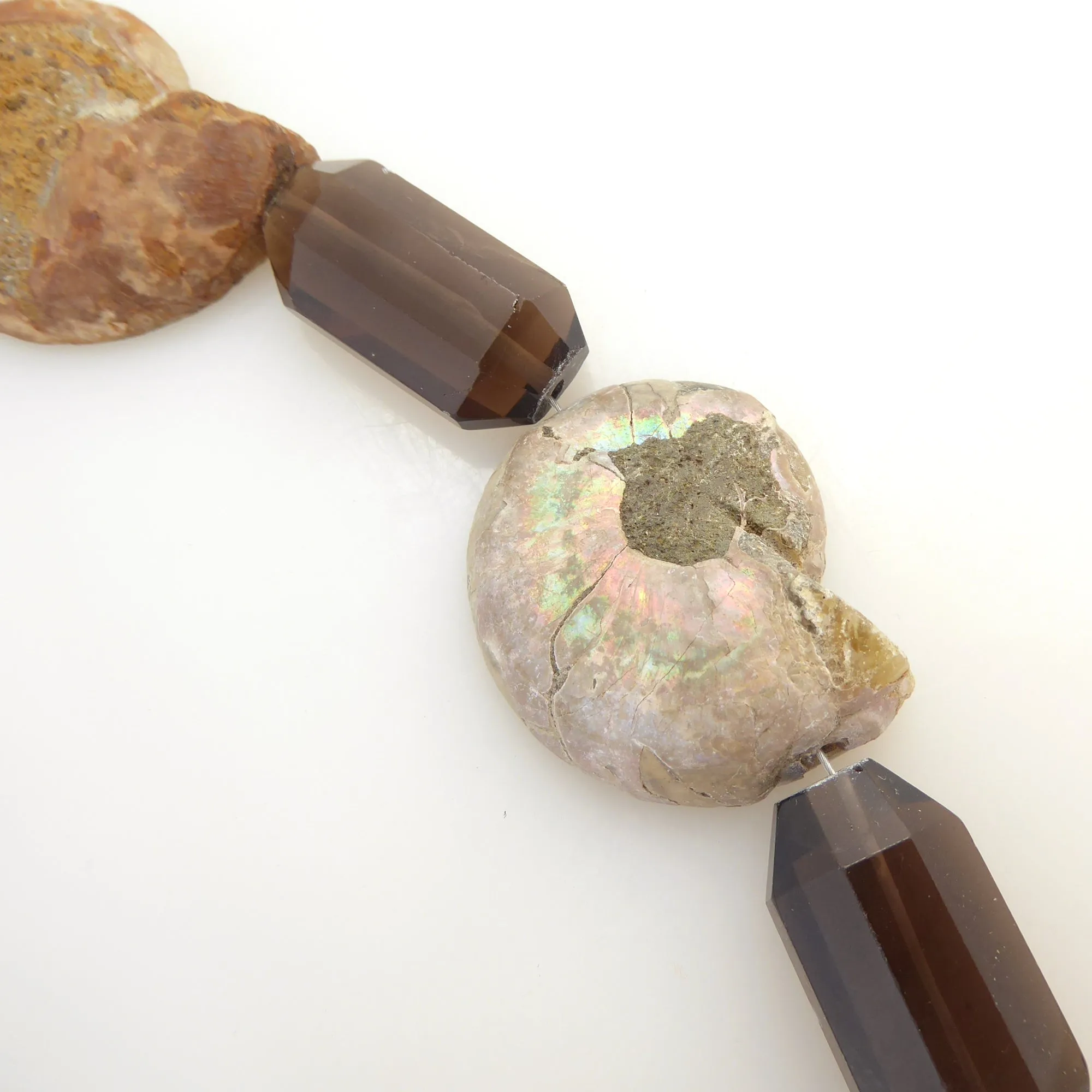 Ammonite fossil and smoky quartz necklace