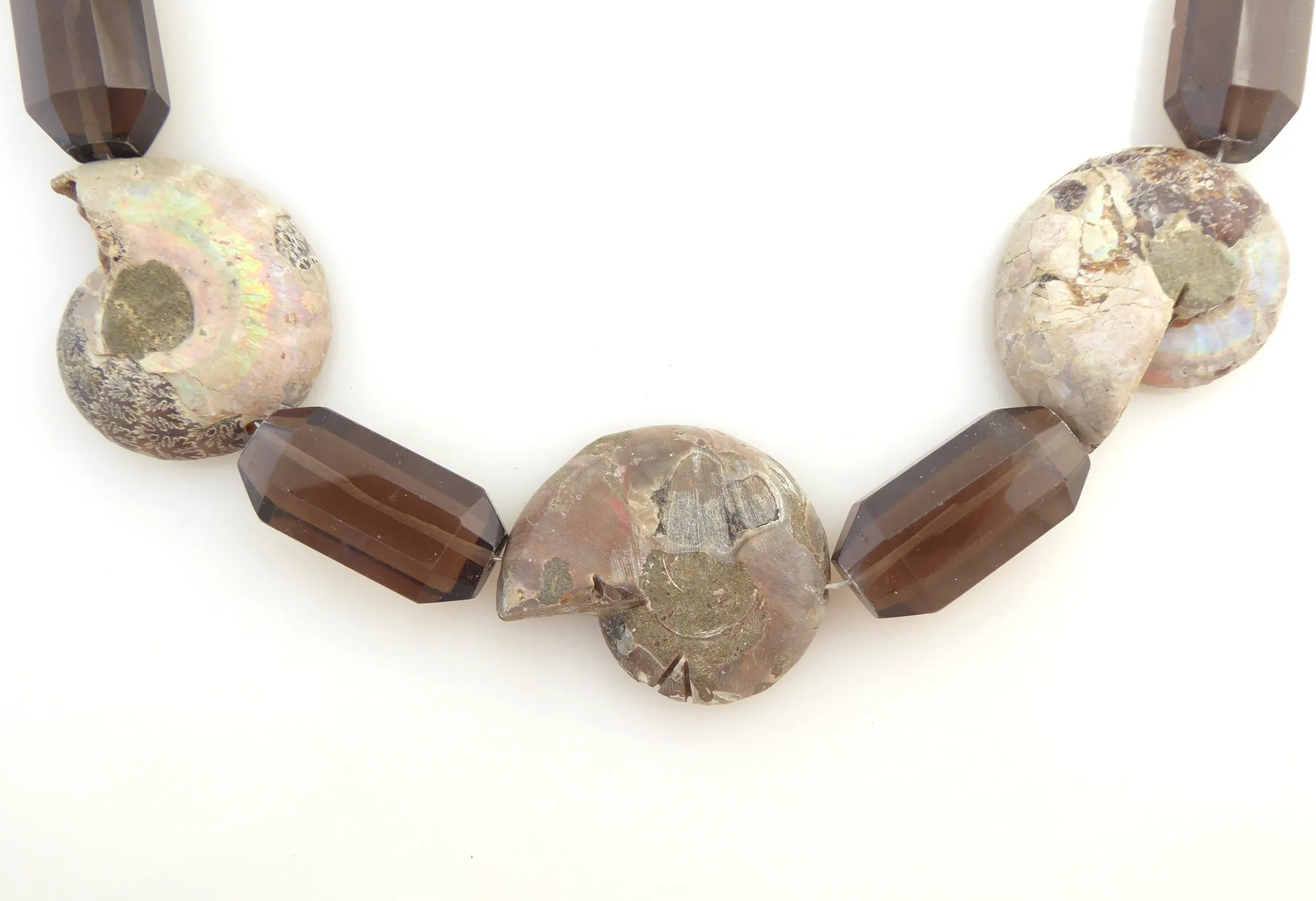 Ammonite fossil and smoky quartz necklace