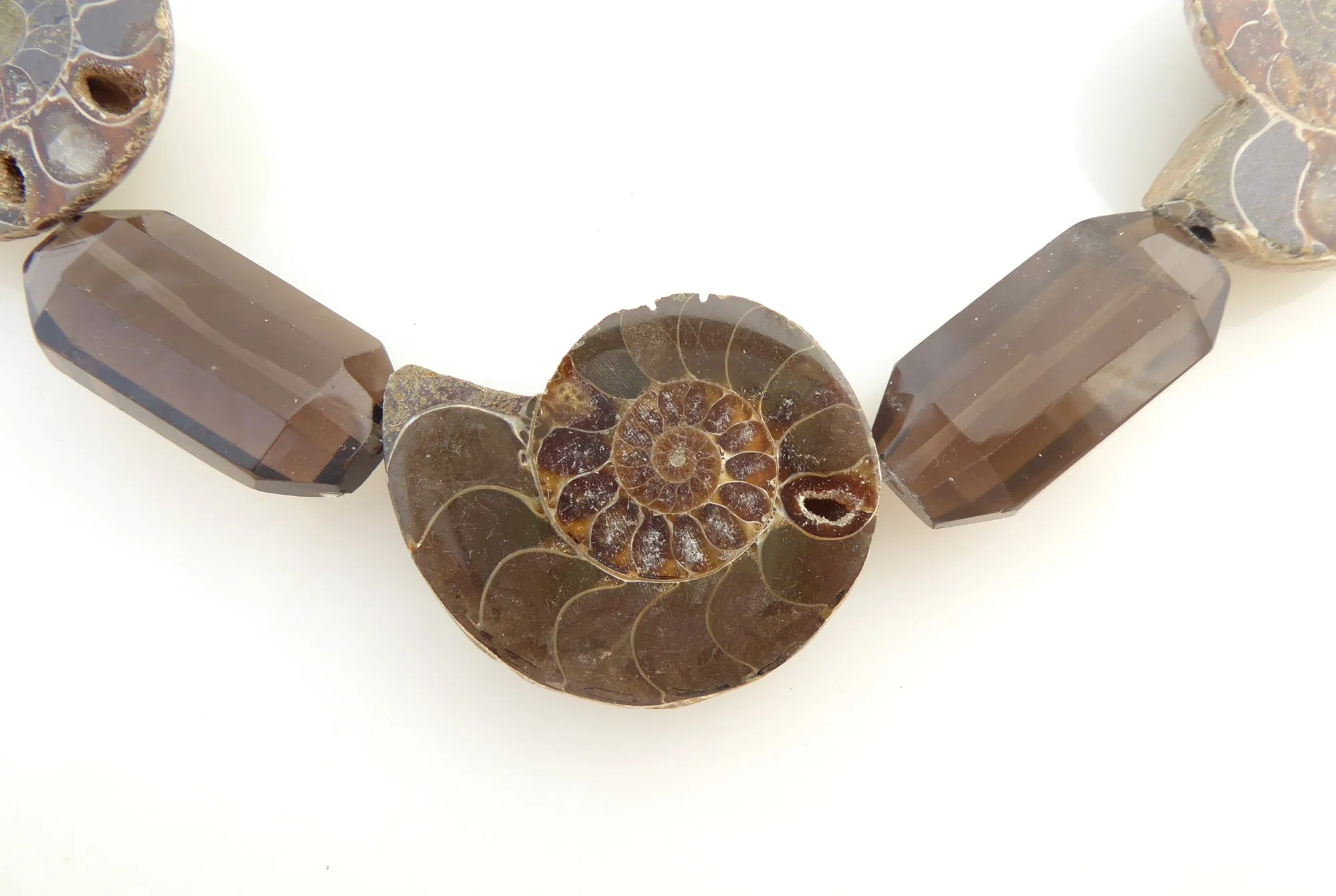Ammonite fossil and smoky quartz necklace
