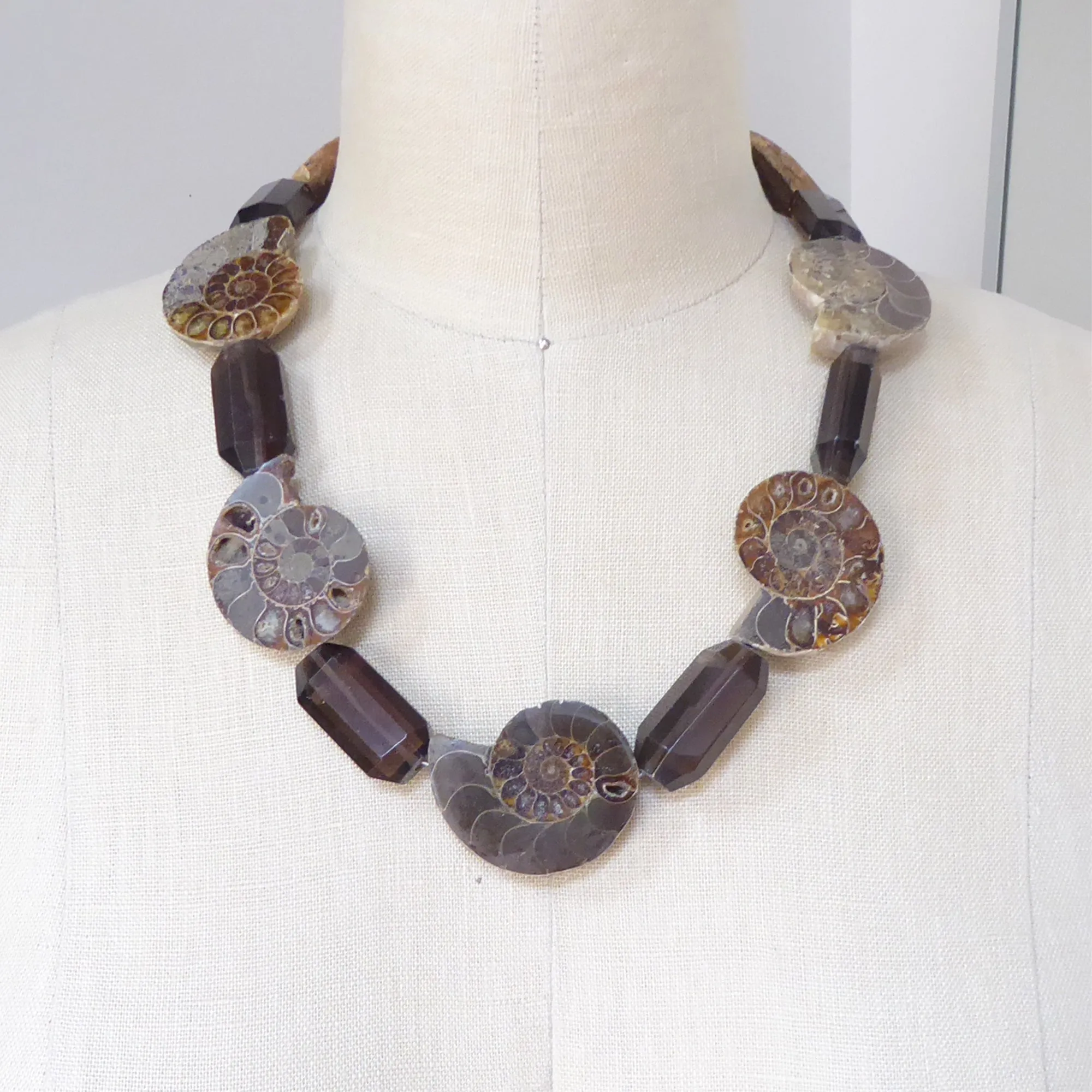 Ammonite fossil and smoky quartz necklace