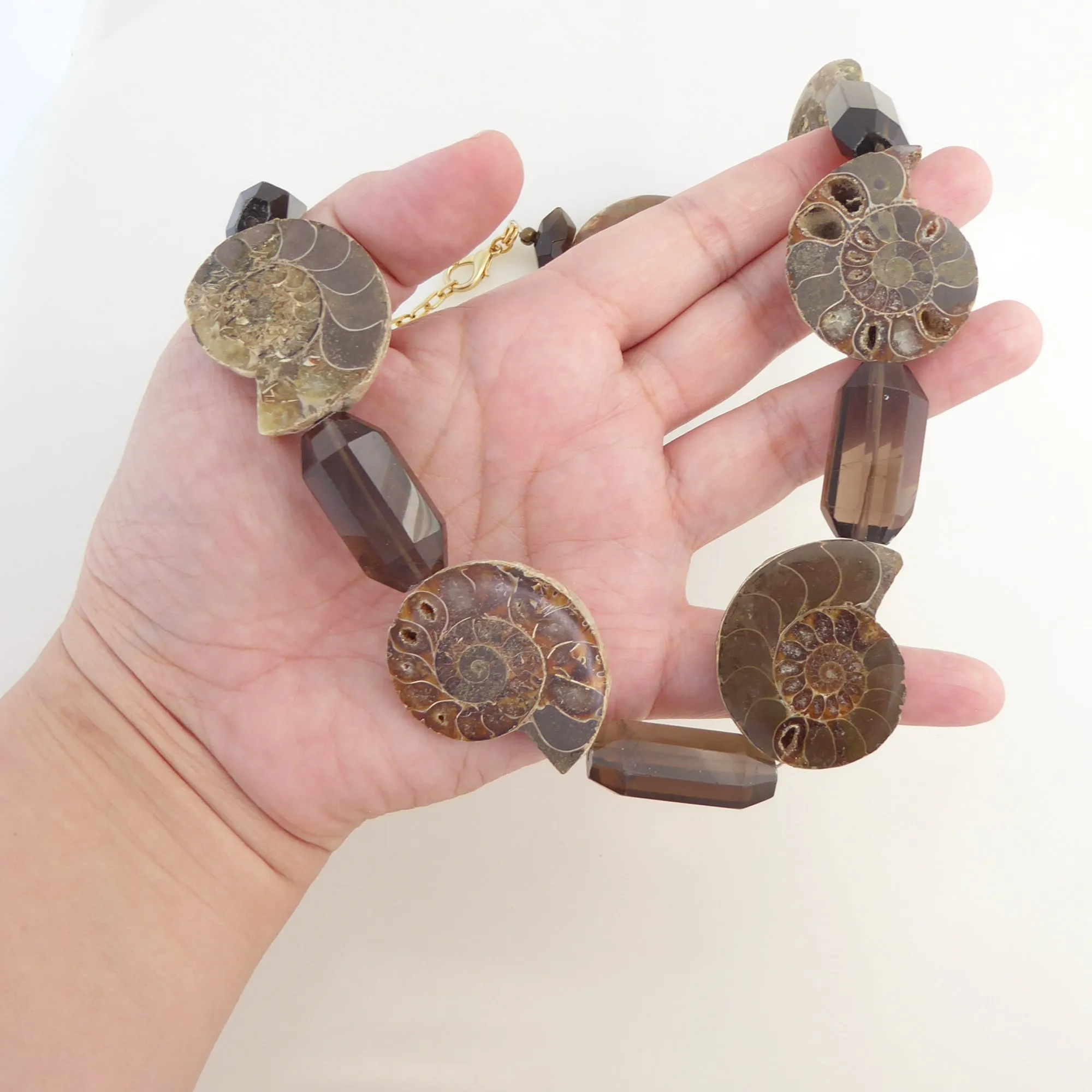 Ammonite fossil and smoky quartz necklace