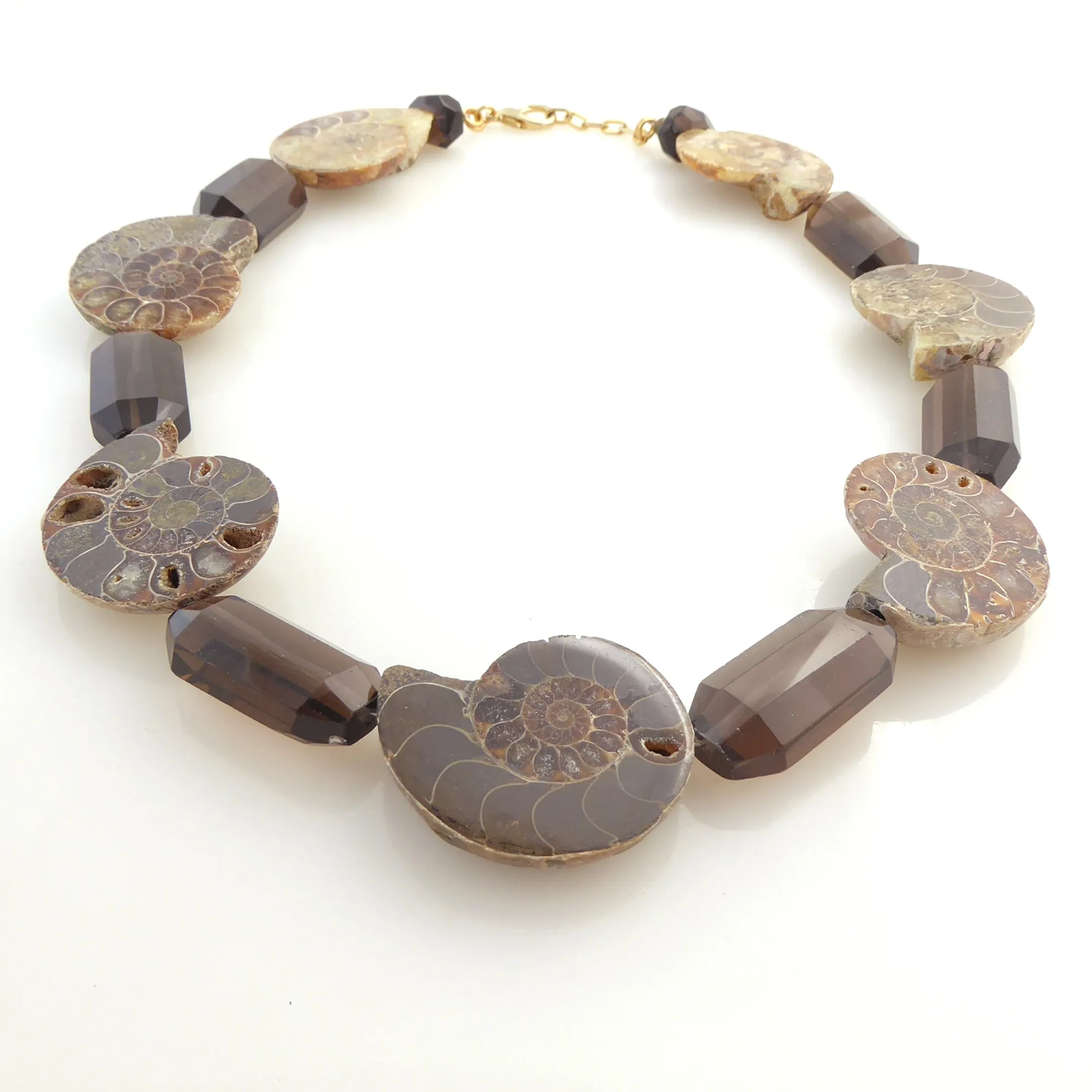 Ammonite fossil and smoky quartz necklace