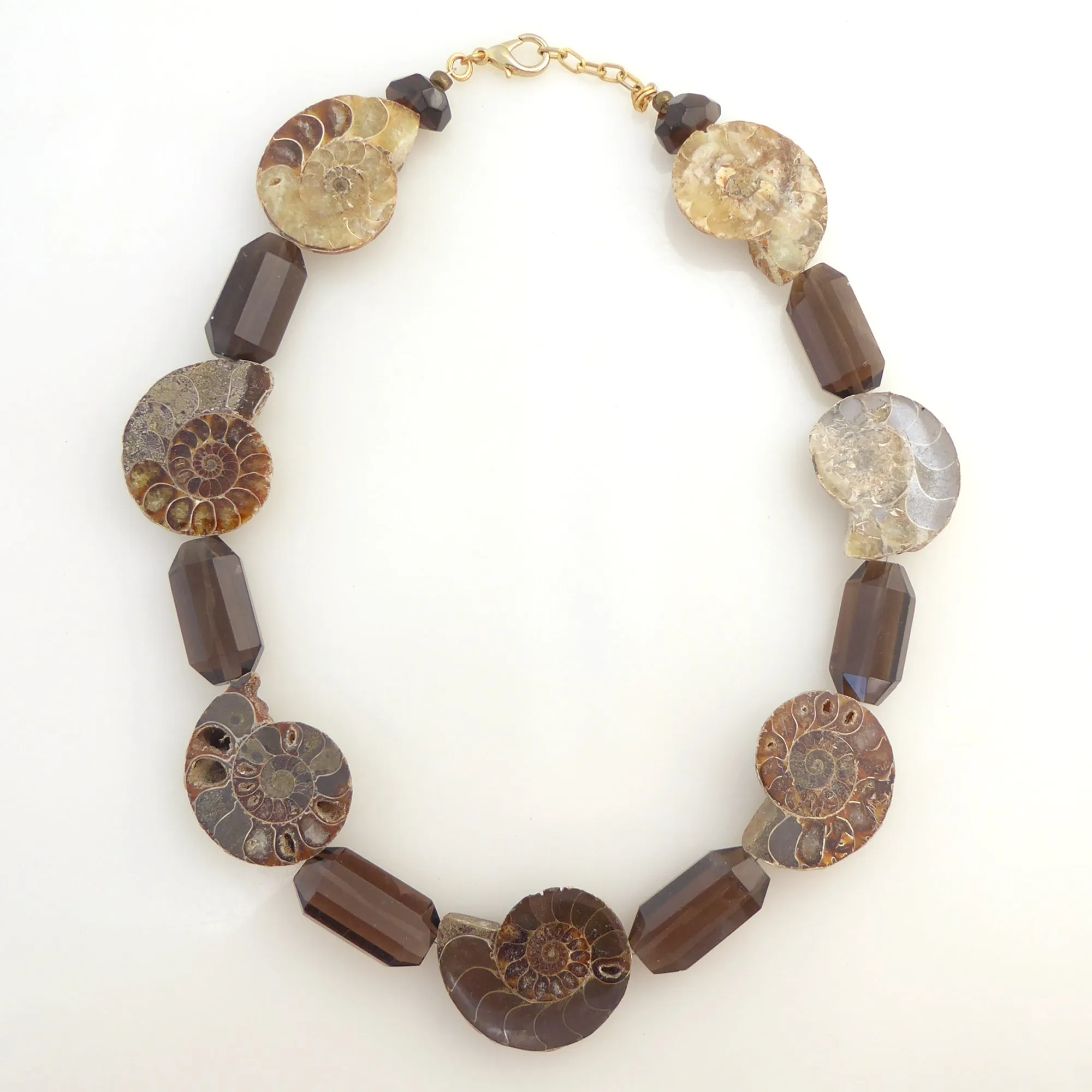 Ammonite fossil and smoky quartz necklace