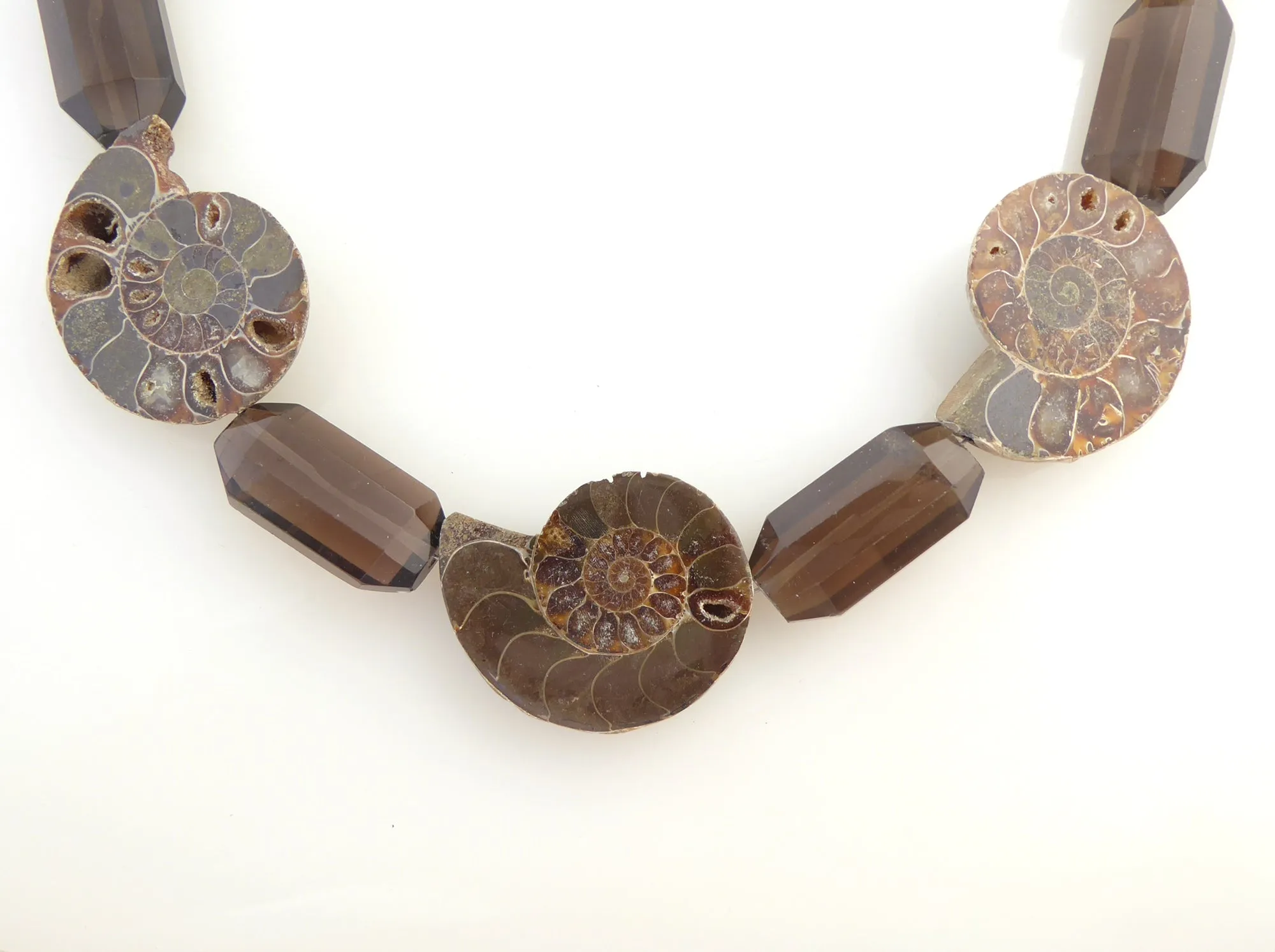 Ammonite fossil and smoky quartz necklace
