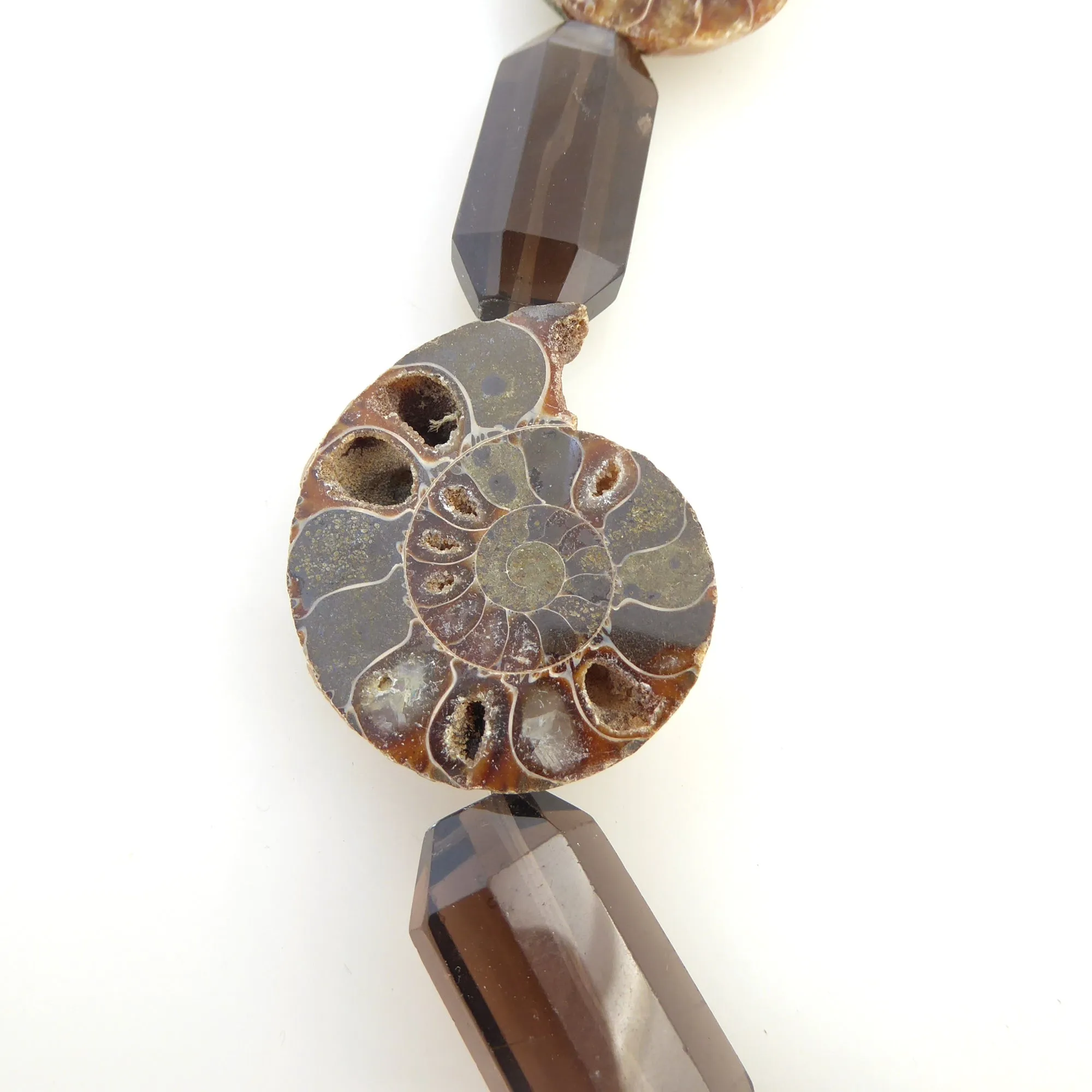 Ammonite fossil and smoky quartz necklace
