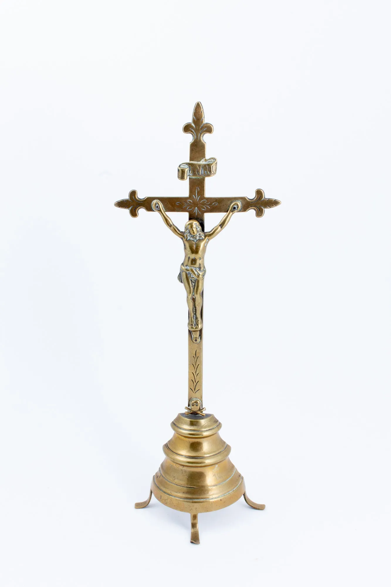 Antique French Brass Standing Crucifix