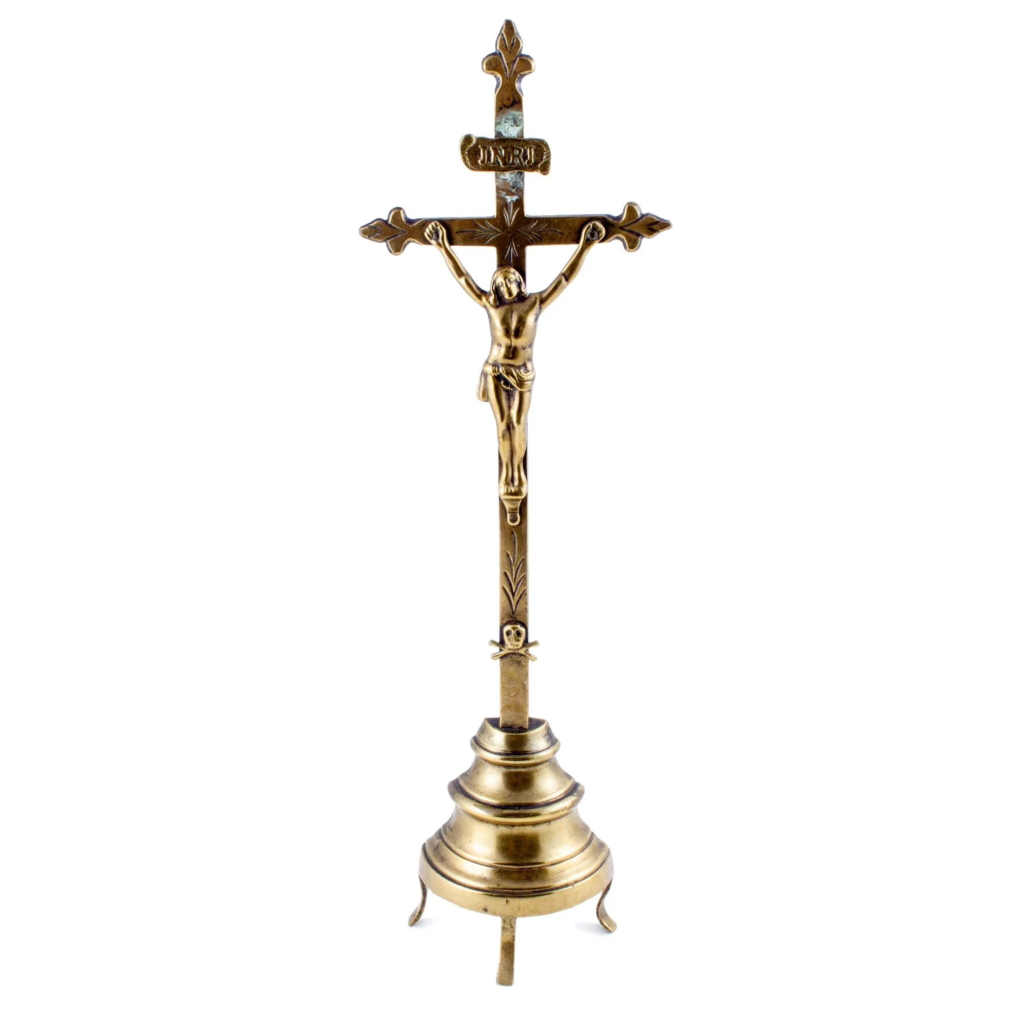 Antique French Brass Standing Crucifix