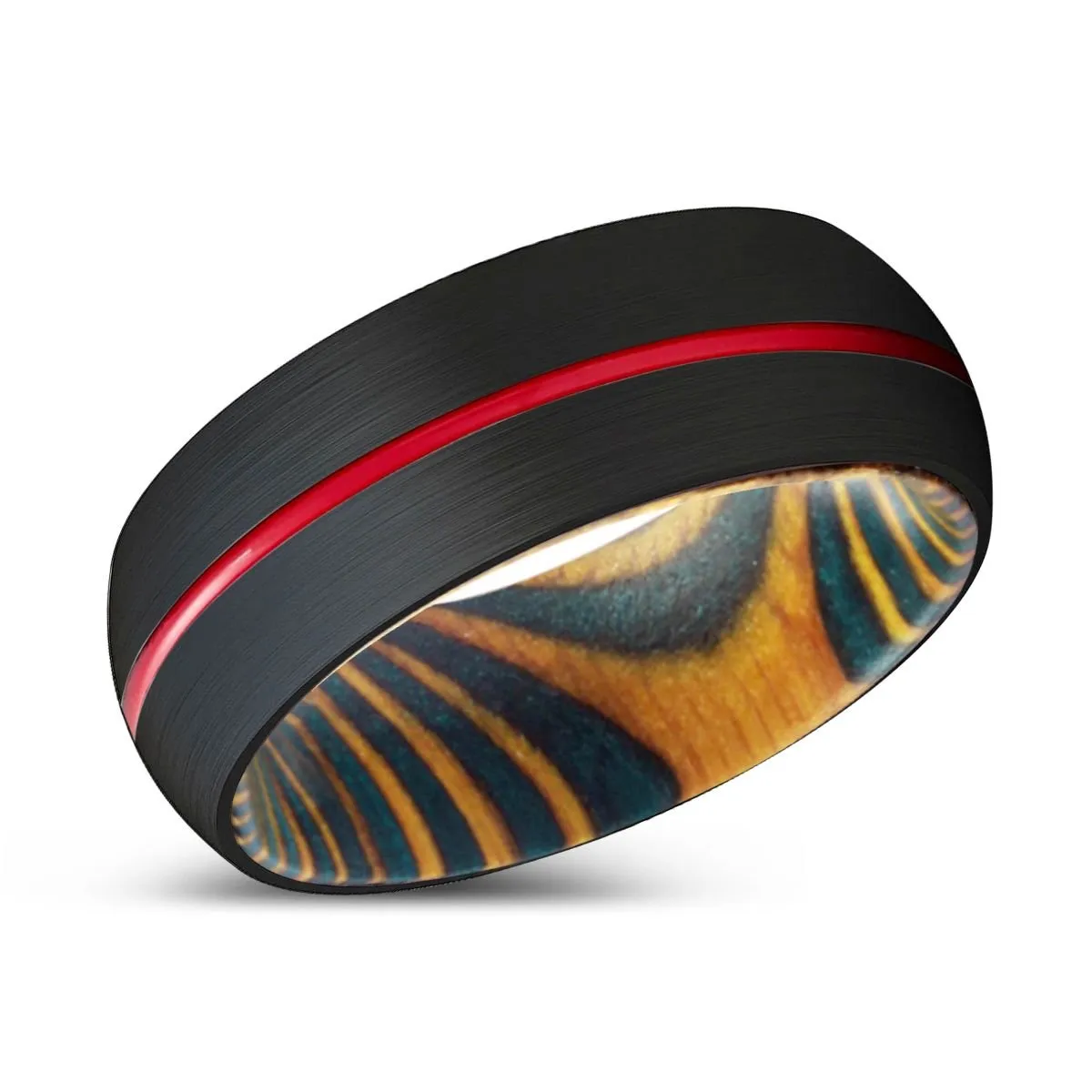 APACHE | Green & Yellow Wood, Black Tungsten Ring, Red Groove, Domed