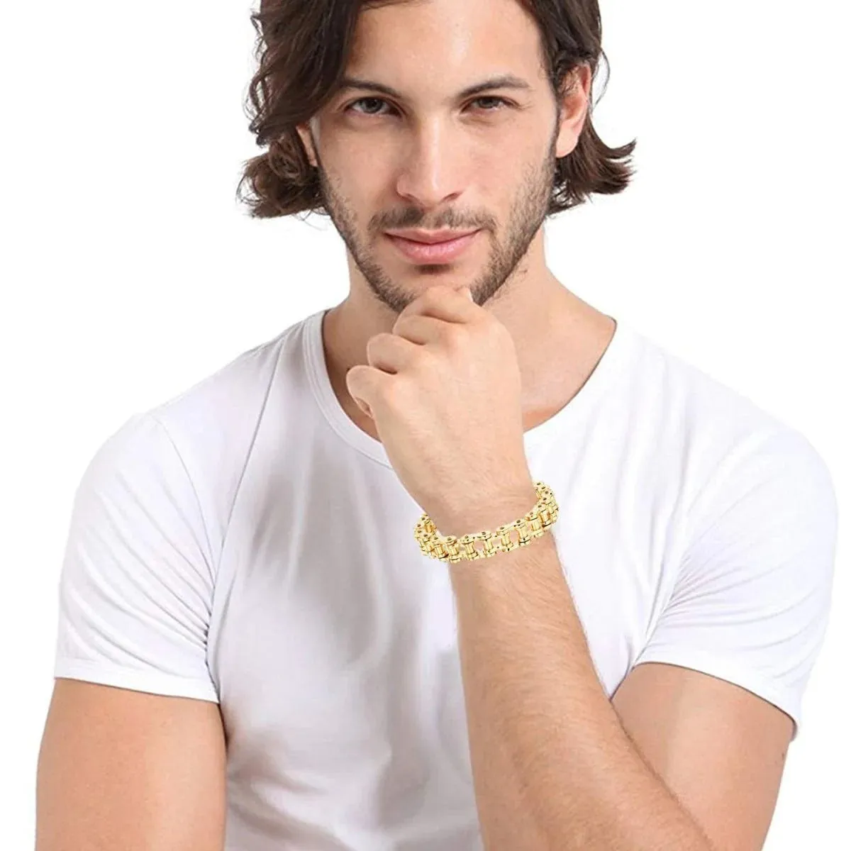 Biker Motorcycle Chain - Heavy 18K Gold Stainless Steel Bracelet for Men