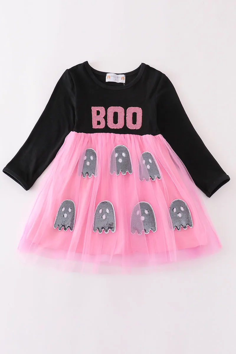 Black Halloween Boo Sequin Tutu Dress