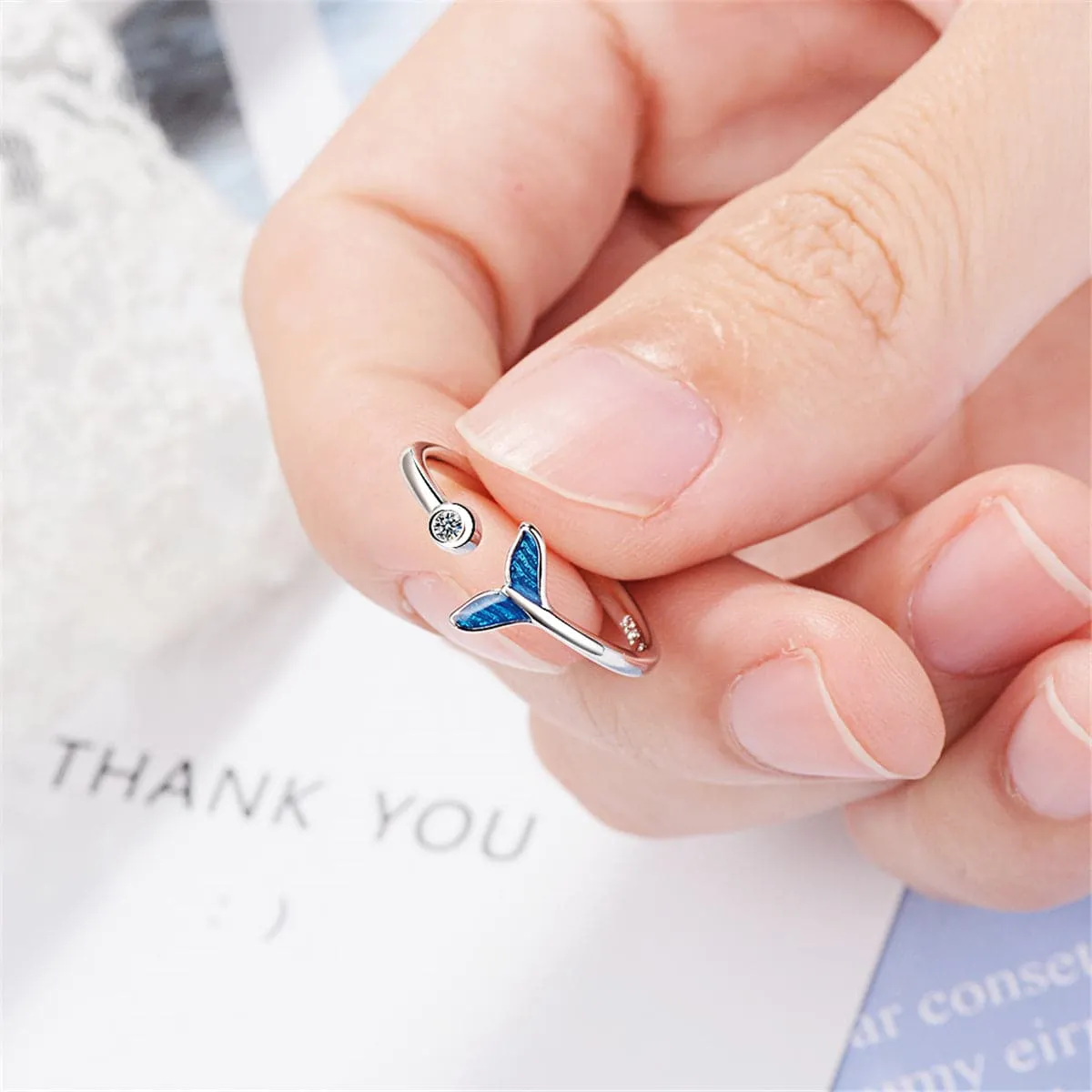 Blue Enamel & Cubic Zirconia Silver-Plated Fish Tail Ring