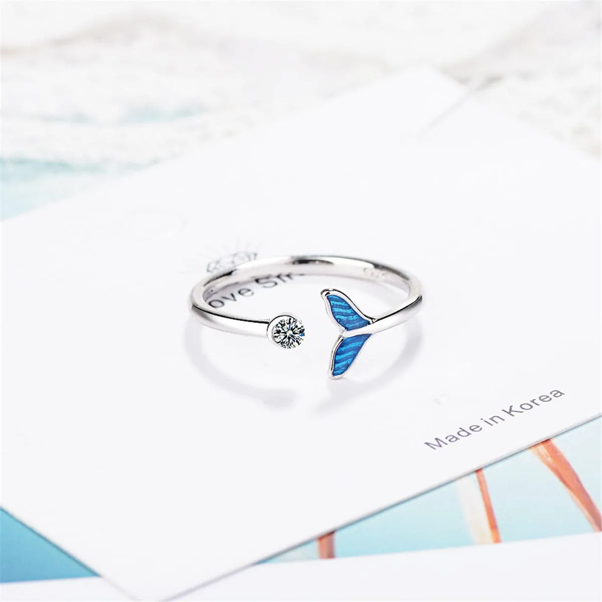 Blue Enamel & Cubic Zirconia Silver-Plated Fish Tail Ring