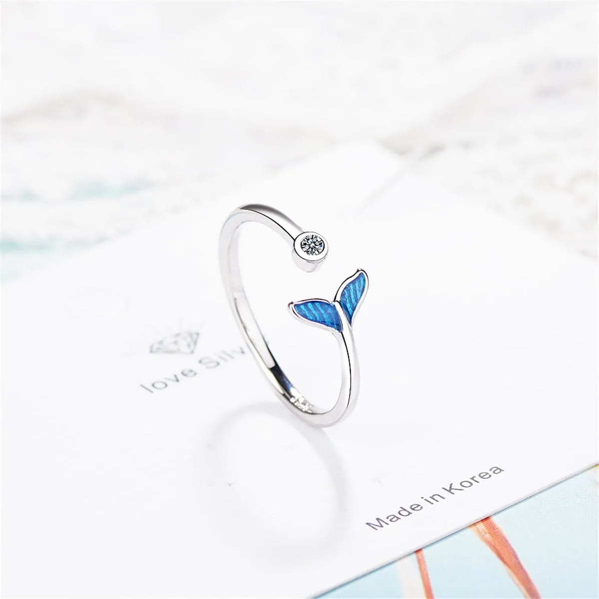 Blue Enamel & Cubic Zirconia Silver-Plated Fish Tail Ring