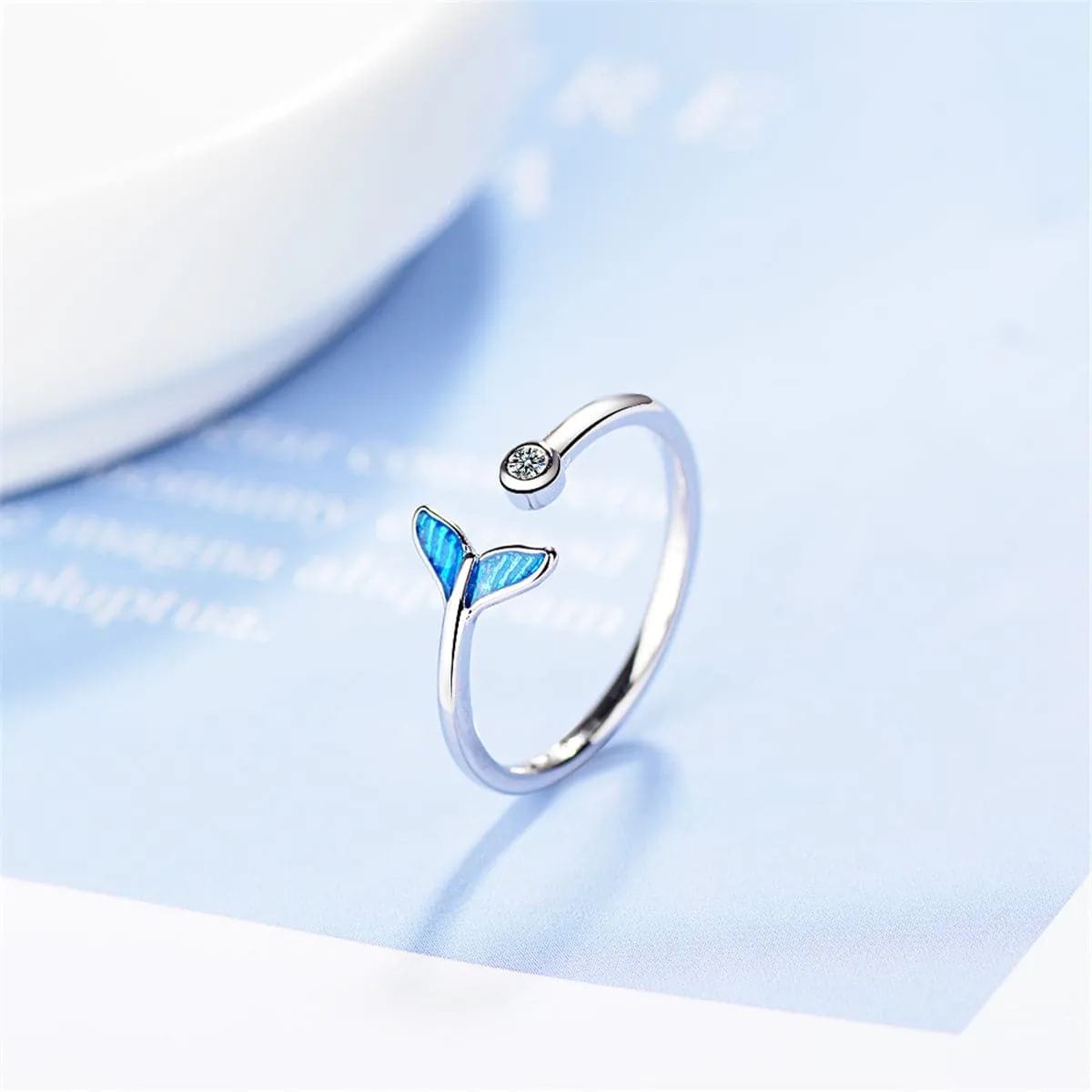 Blue Enamel & Cubic Zirconia Silver-Plated Fish Tail Ring