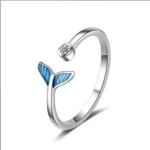 Blue Enamel & Cubic Zirconia Silver-Plated Fish Tail Ring