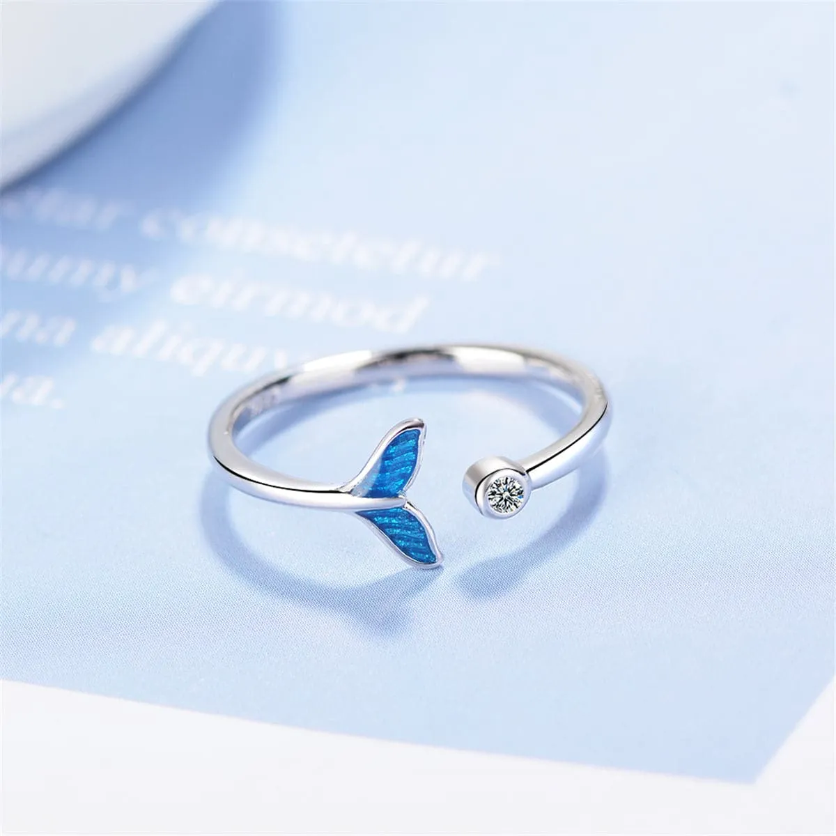 Blue Enamel & Cubic Zirconia Silver-Plated Fish Tail Ring