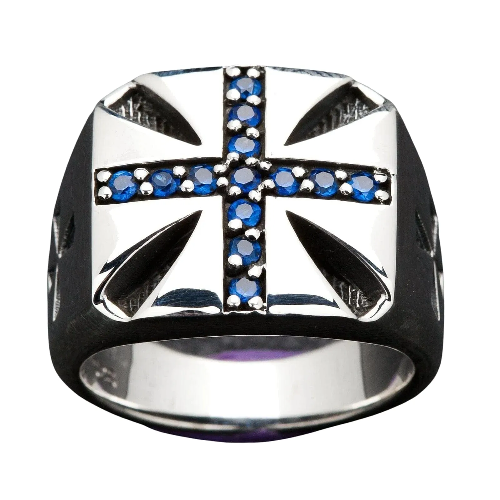 Blue Sapphire Cross Sterling Silver Biker Ring