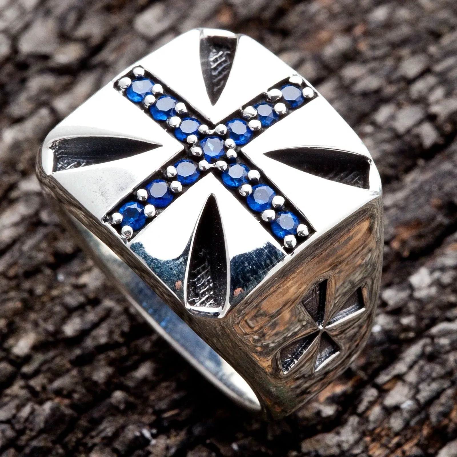 Blue Sapphire Cross Sterling Silver Biker Ring