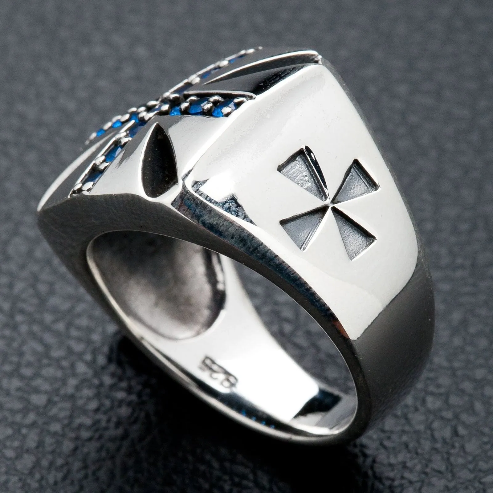 Blue Sapphire Cross Sterling Silver Biker Ring