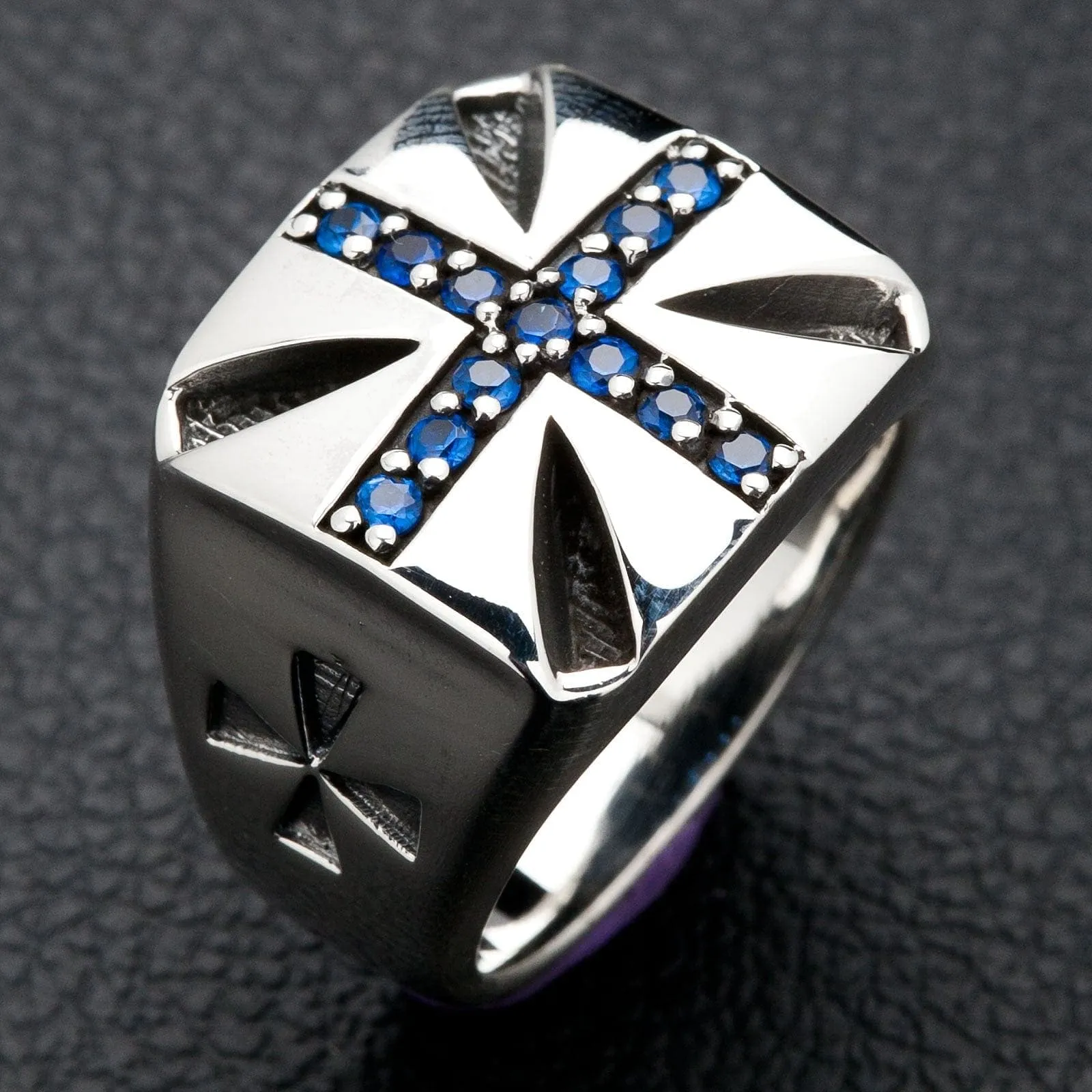 Blue Sapphire Cross Sterling Silver Biker Ring
