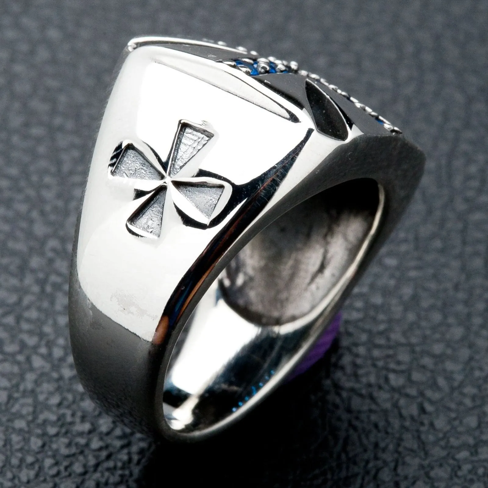 Blue Sapphire Cross Sterling Silver Biker Ring