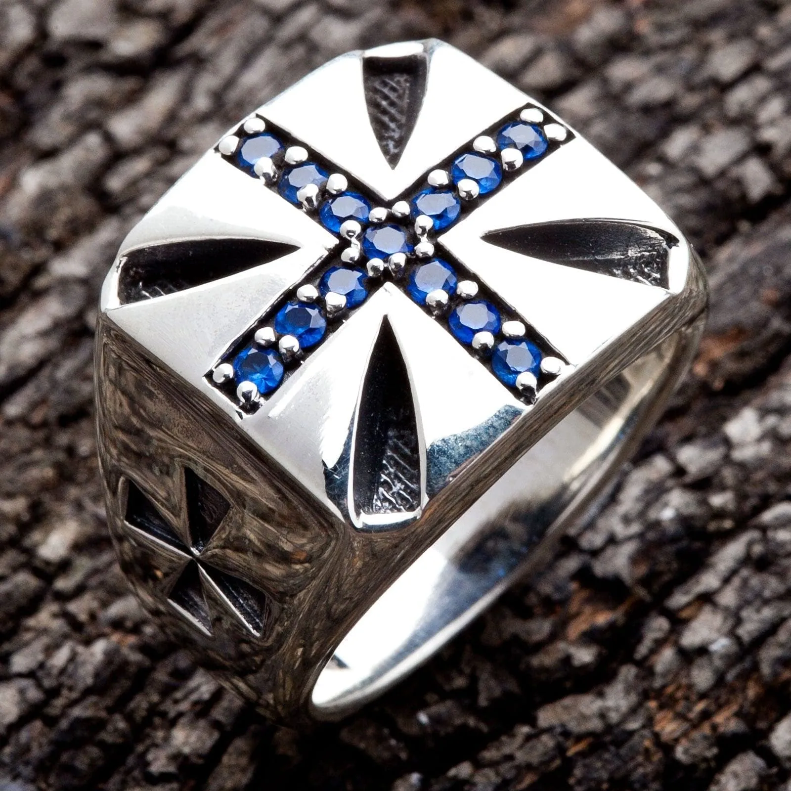 Blue Sapphire Cross Sterling Silver Biker Ring