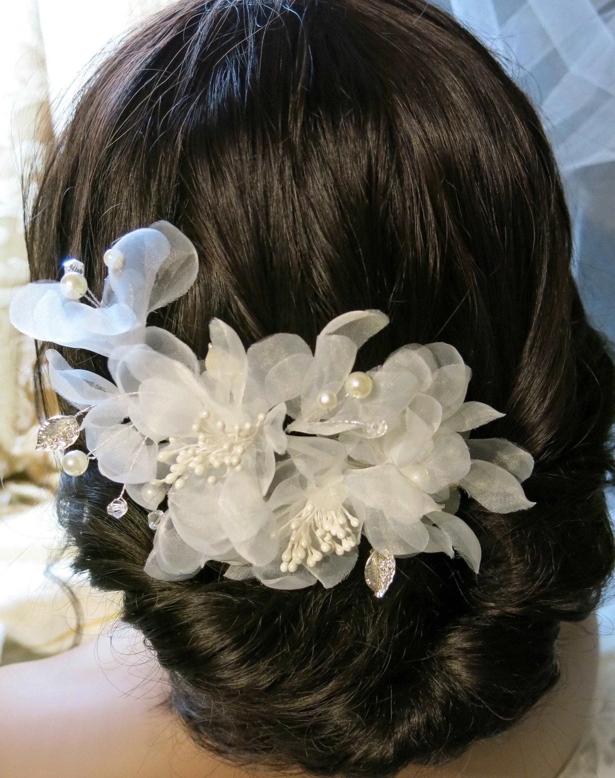 Bridal Multi Layer Chiffon Flower Hairclip, Prom Party, White Chiffon Bridal Headpiece, Flower Girl Mesh Hairclip, Wedding Big Hairpiece