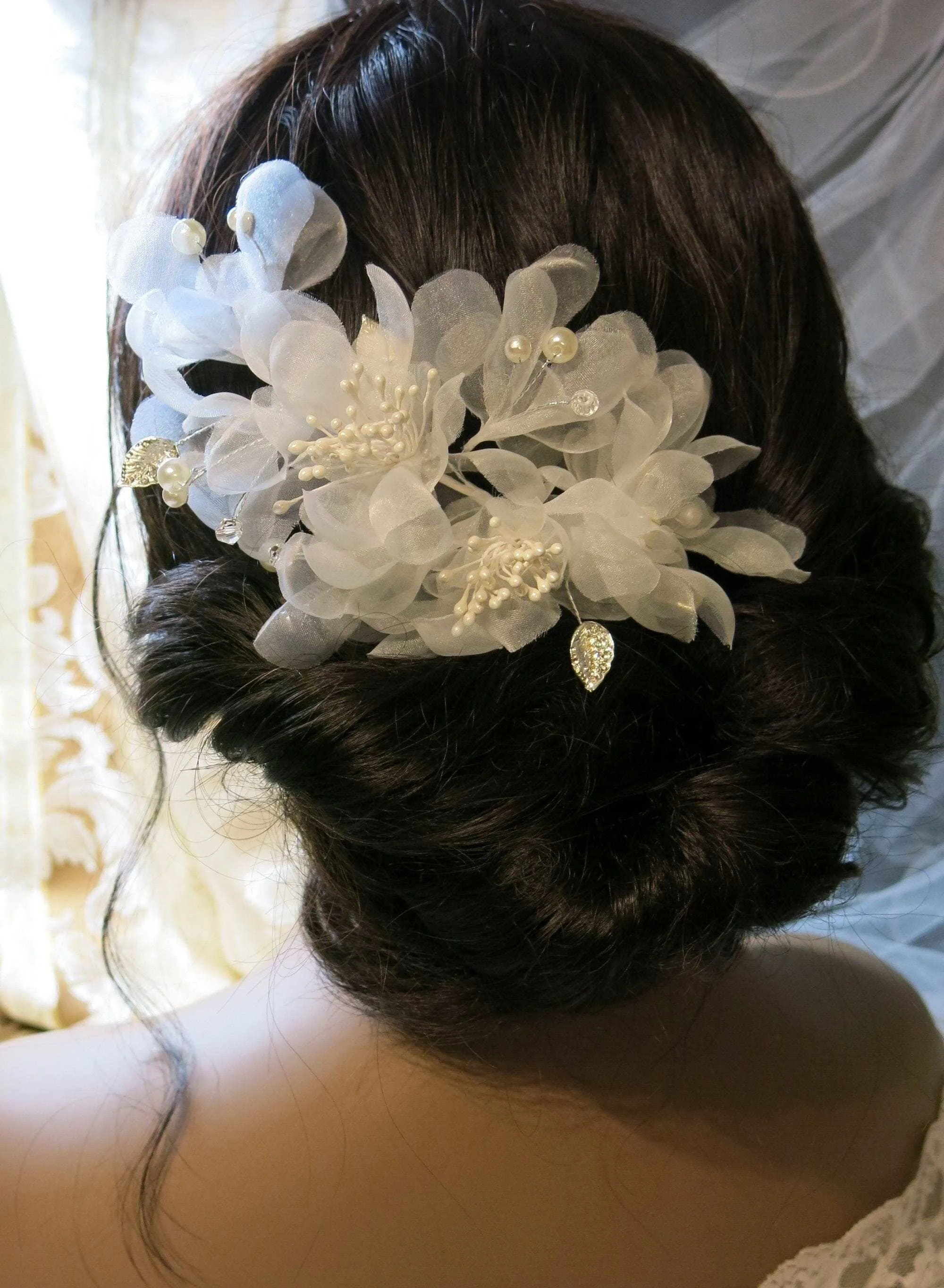 Bridal Multi Layer Chiffon Flower Hairclip, Prom Party, White Chiffon Bridal Headpiece, Flower Girl Mesh Hairclip, Wedding Big Hairpiece