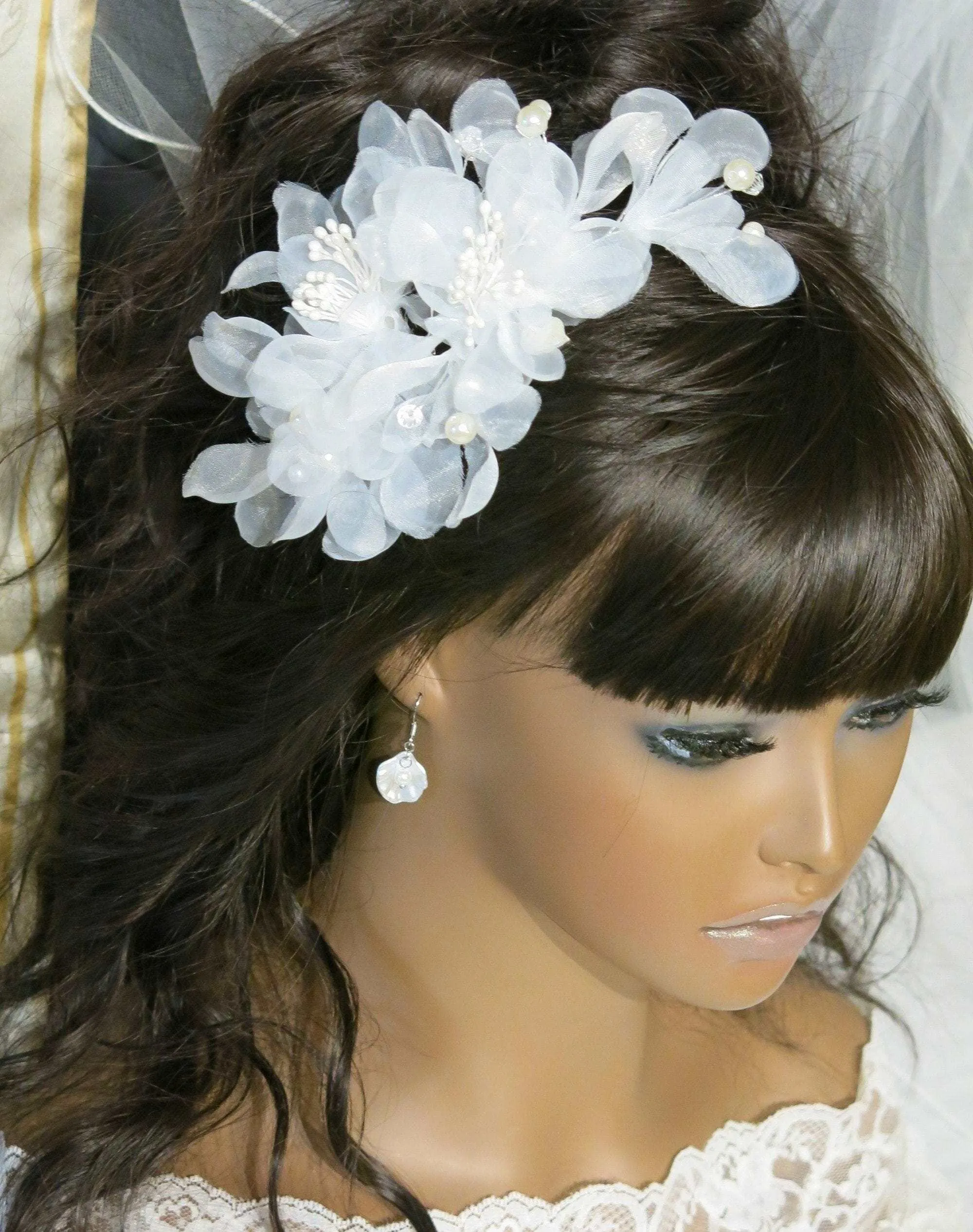 Bridal Multi Layer Chiffon Flower Hairclip, Prom Party, White Chiffon Bridal Headpiece, Flower Girl Mesh Hairclip, Wedding Big Hairpiece