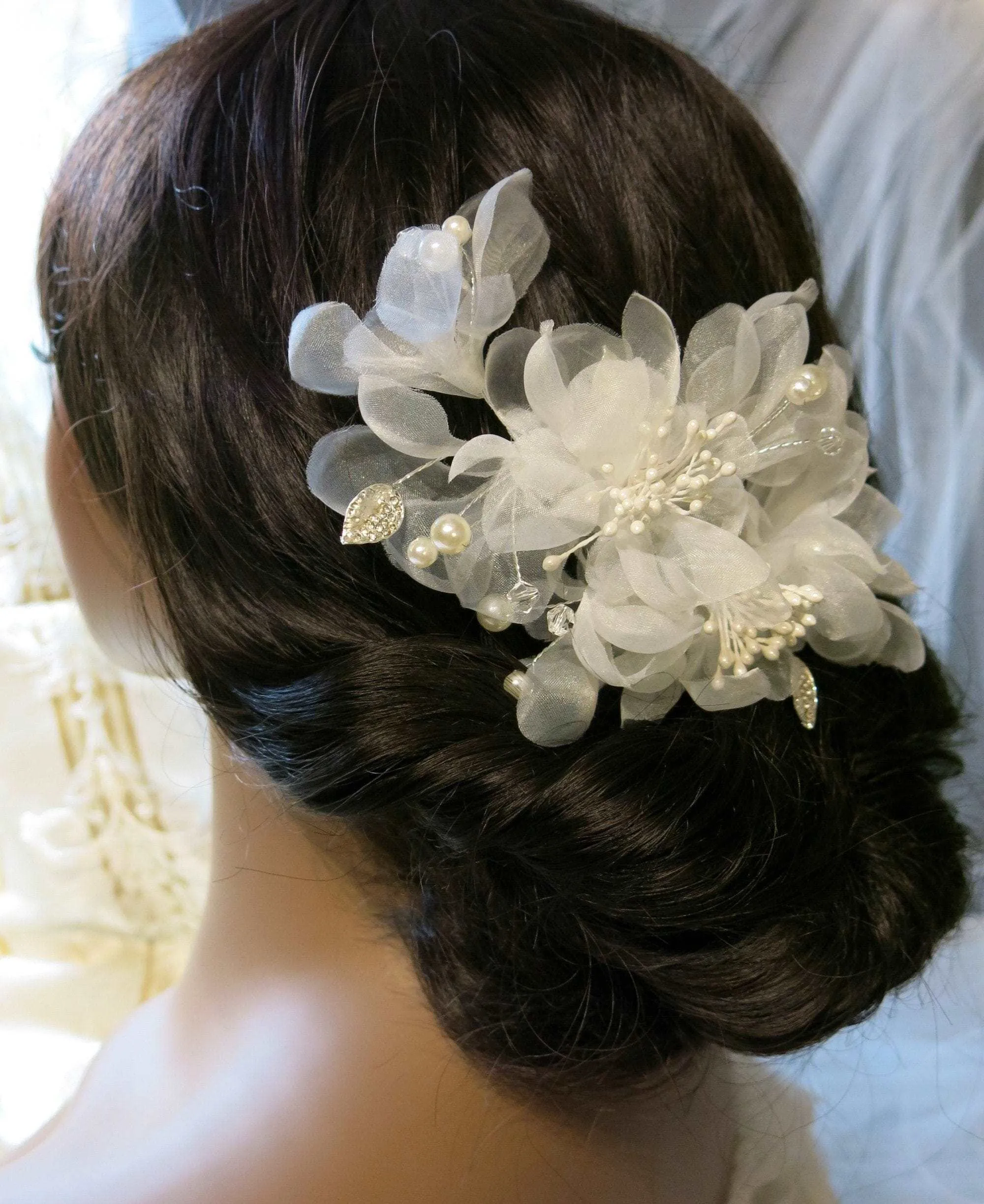 Bridal Multi Layer Chiffon Flower Hairclip, Prom Party, White Chiffon Bridal Headpiece, Flower Girl Mesh Hairclip, Wedding Big Hairpiece