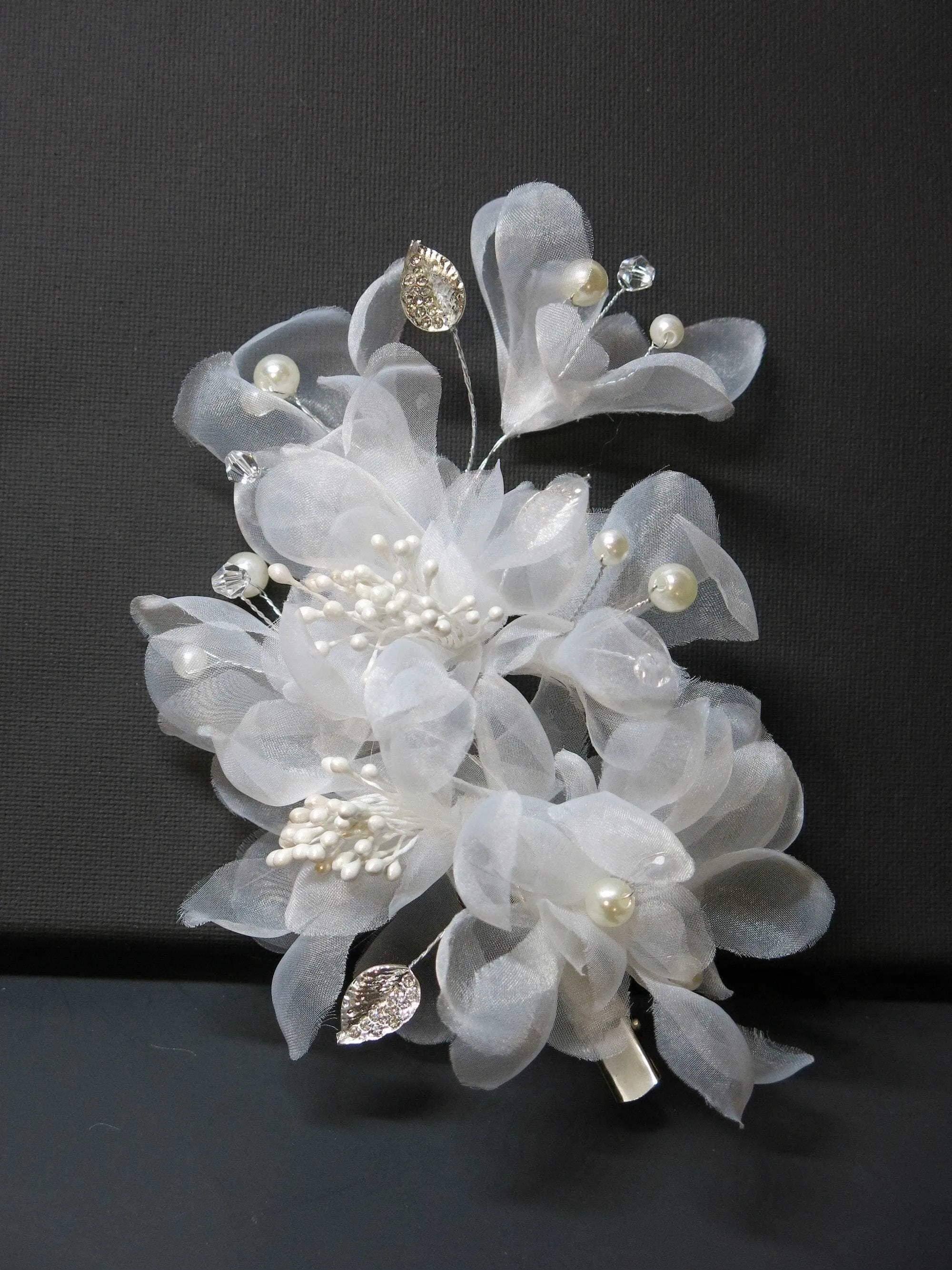 Bridal Multi Layer Chiffon Flower Hairclip, Prom Party, White Chiffon Bridal Headpiece, Flower Girl Mesh Hairclip, Wedding Big Hairpiece