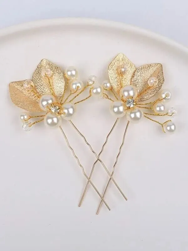 Bridal Pearl and Leaf 2 PC Hairpin Set for Wedding, Silver Leaf Floral Hairpiece, Two Embossed Metal Leaf Hairpins