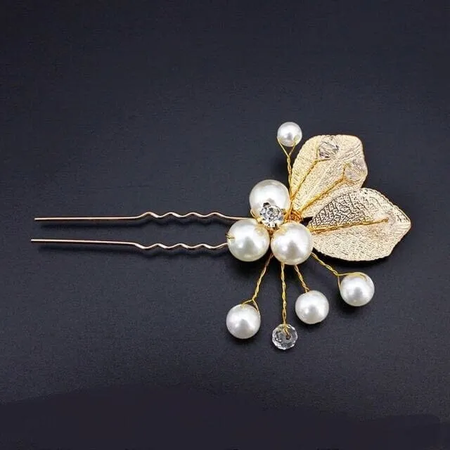 Bridal Pearl and Leaf 2 PC Hairpin Set for Wedding, Silver Leaf Floral Hairpiece, Two Embossed Metal Leaf Hairpins