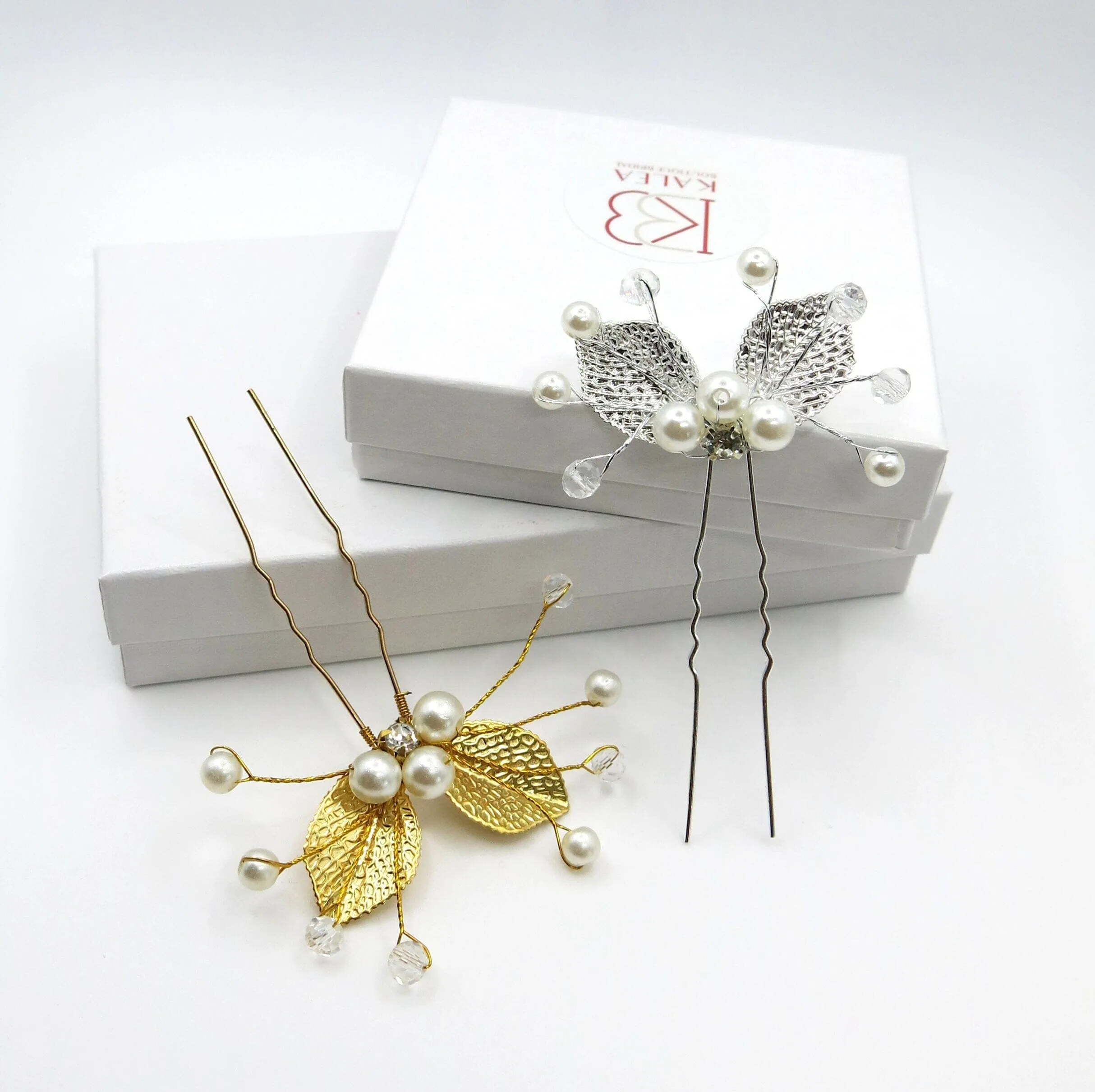 Bridal Pearl and Leaf 2 PC Hairpin Set for Wedding, Silver Leaf Floral Hairpiece, Two Embossed Metal Leaf Hairpins