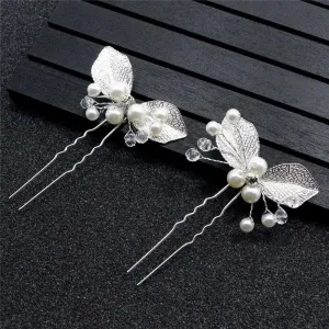Bridal Pearl and Leaf 2 PC Hairpin Set for Wedding, Silver Leaf Floral Hairpiece, Two Embossed Metal Leaf Hairpins