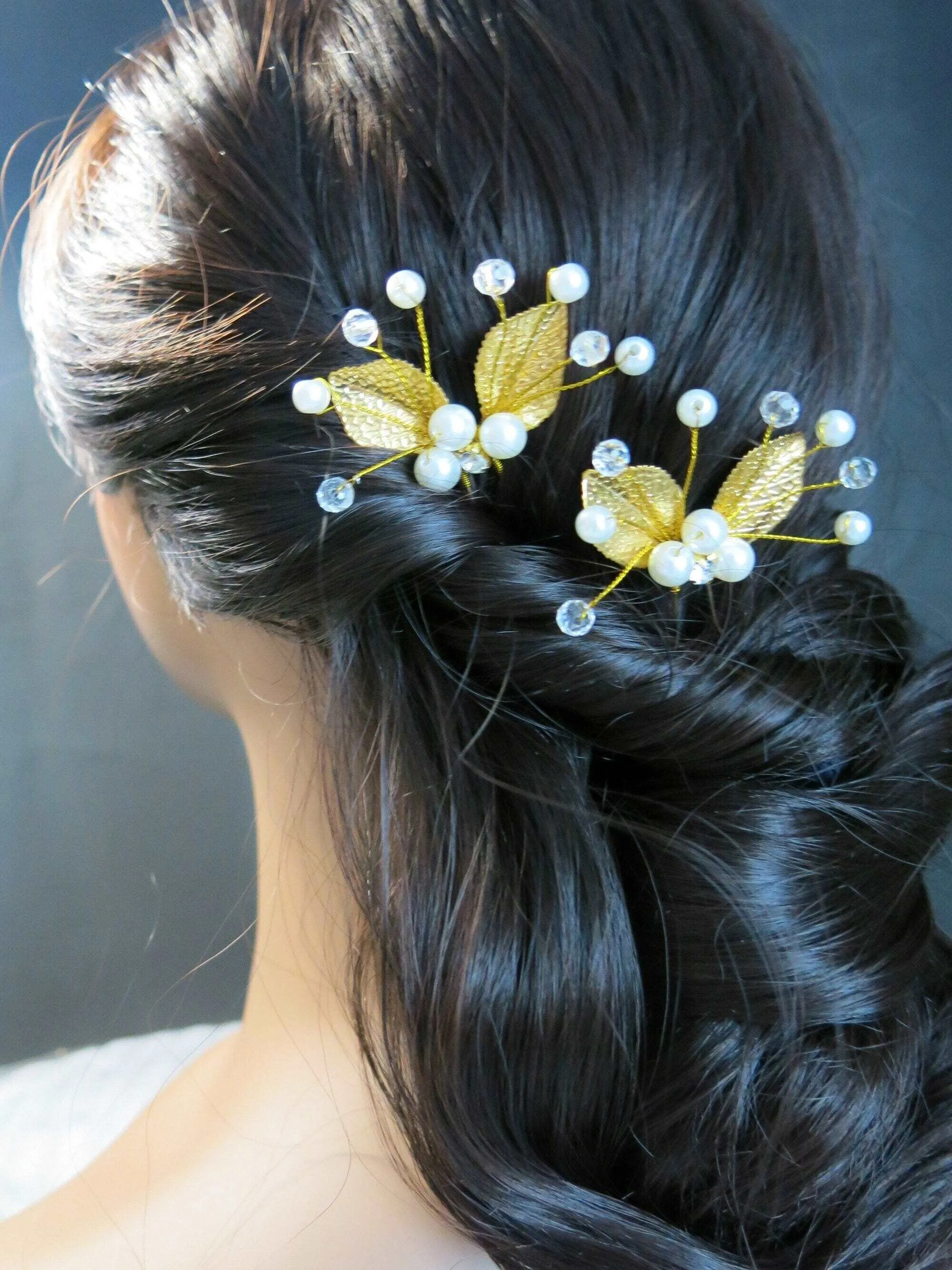 Bridal Pearl and Leaf 2 PC Hairpin Set for Wedding, Silver Leaf Floral Hairpiece, Two Embossed Metal Leaf Hairpins