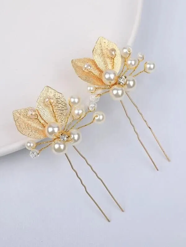 Bridal Pearl and Leaf 2 PC Hairpin Set for Wedding, Silver Leaf Floral Hairpiece, Two Embossed Metal Leaf Hairpins