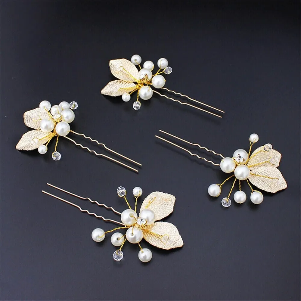 Bridal Pearl and Leaf 2 PC Hairpin Set for Wedding, Silver Leaf Floral Hairpiece, Two Embossed Metal Leaf Hairpins