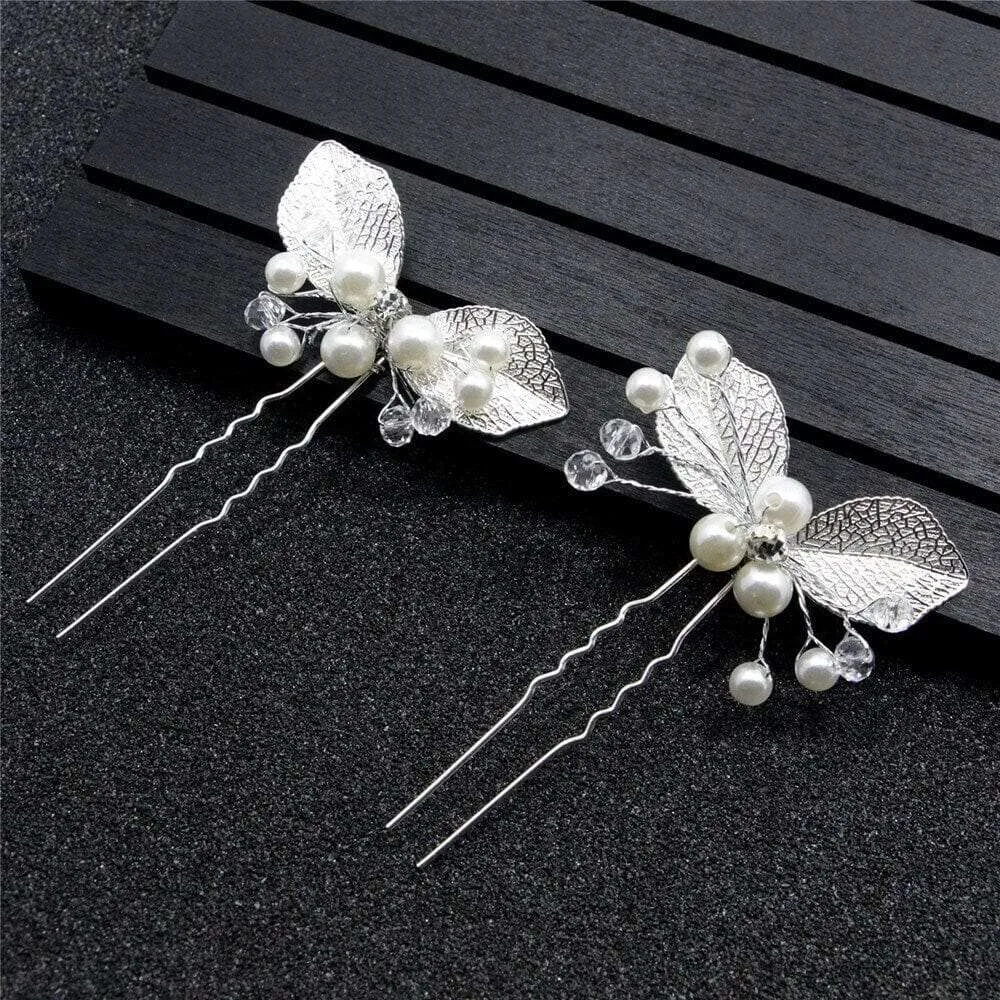 Bridal Pearl and Leaf 2 PC Hairpin Set for Wedding, Silver Leaf Floral Hairpiece, Two Embossed Metal Leaf Hairpins