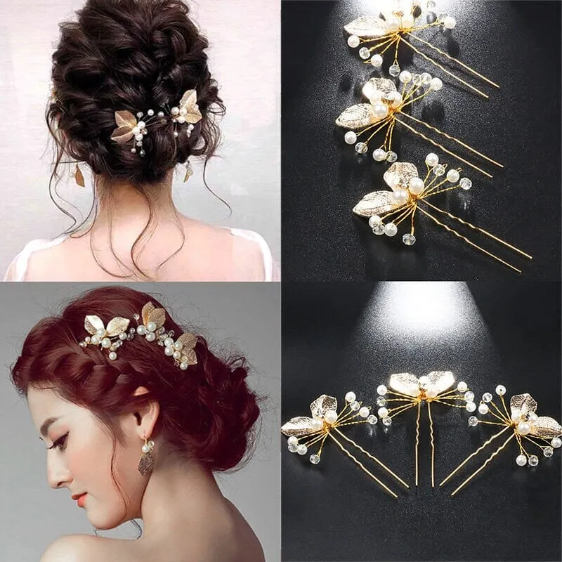 Bridal Pearl and Leaf 2 PC Hairpin Set for Wedding, Silver Leaf Floral Hairpiece, Two Embossed Metal Leaf Hairpins