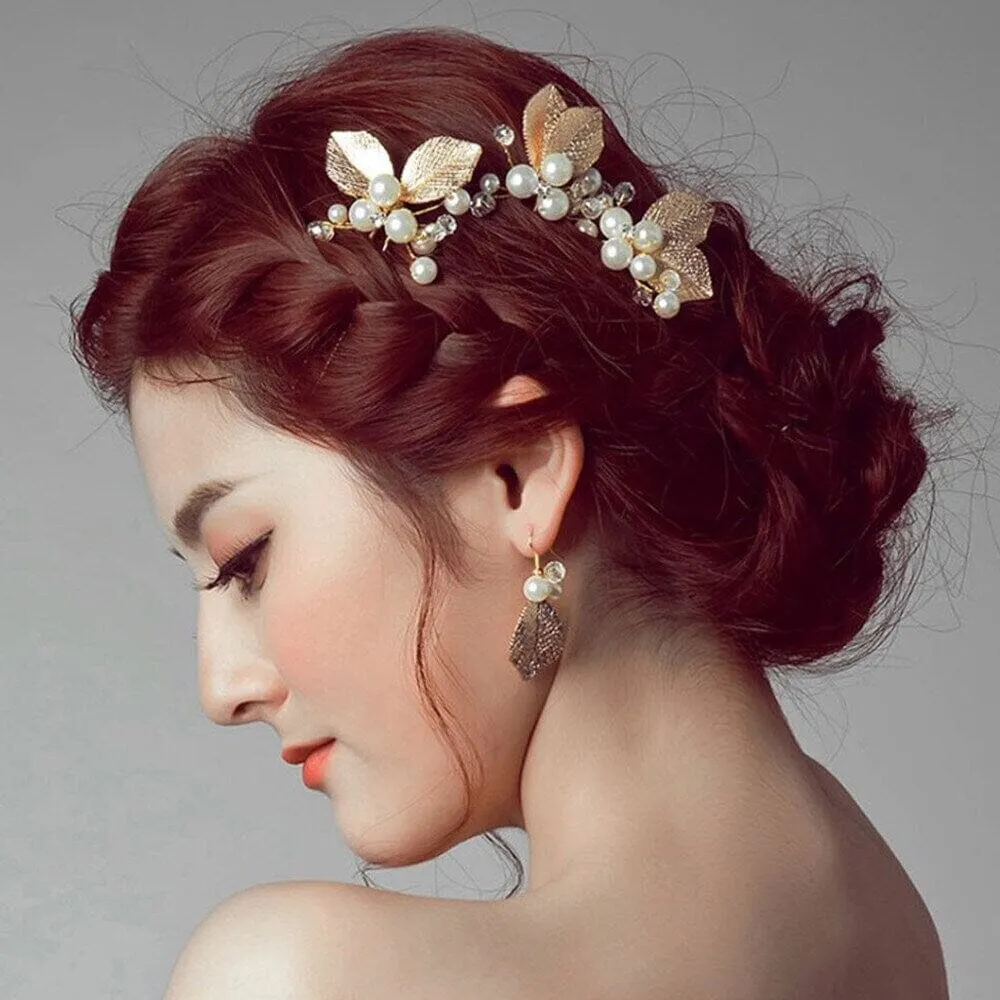 Bridal Pearl and Leaf 2 PC Hairpin Set for Wedding, Silver Leaf Floral Hairpiece, Two Embossed Metal Leaf Hairpins