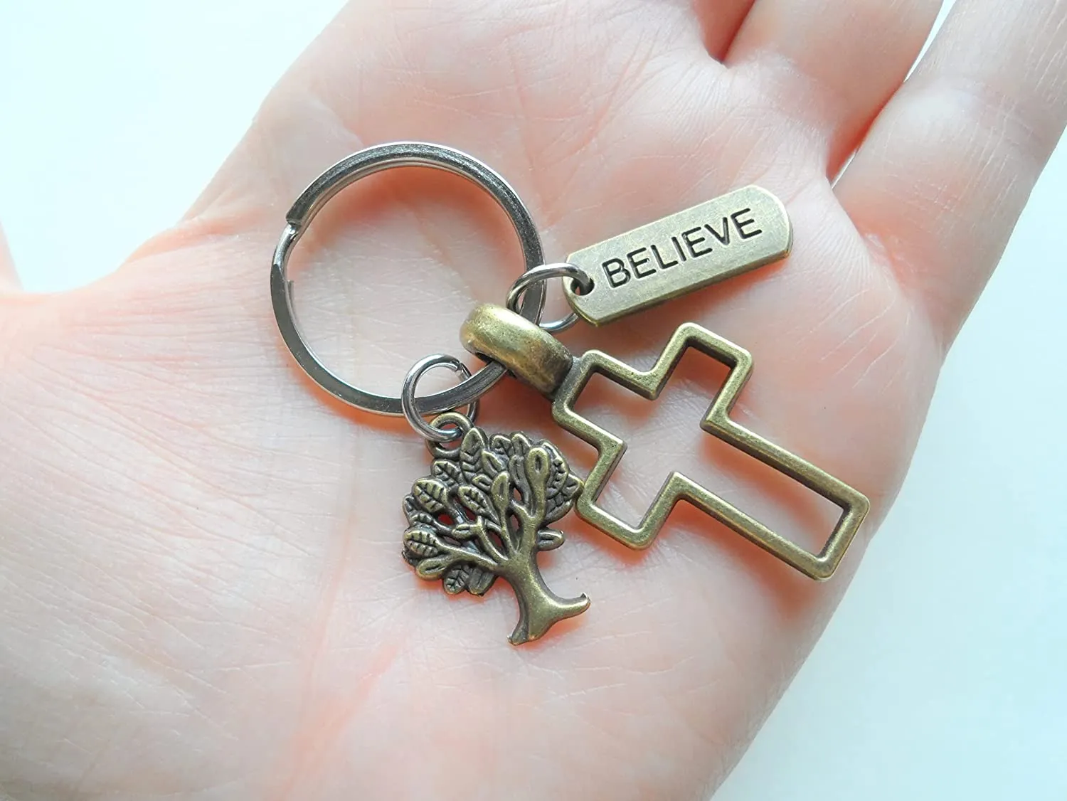 Bronze Cross Keychain with Tree Charm & Faith Tag Charm, Religious Keychain