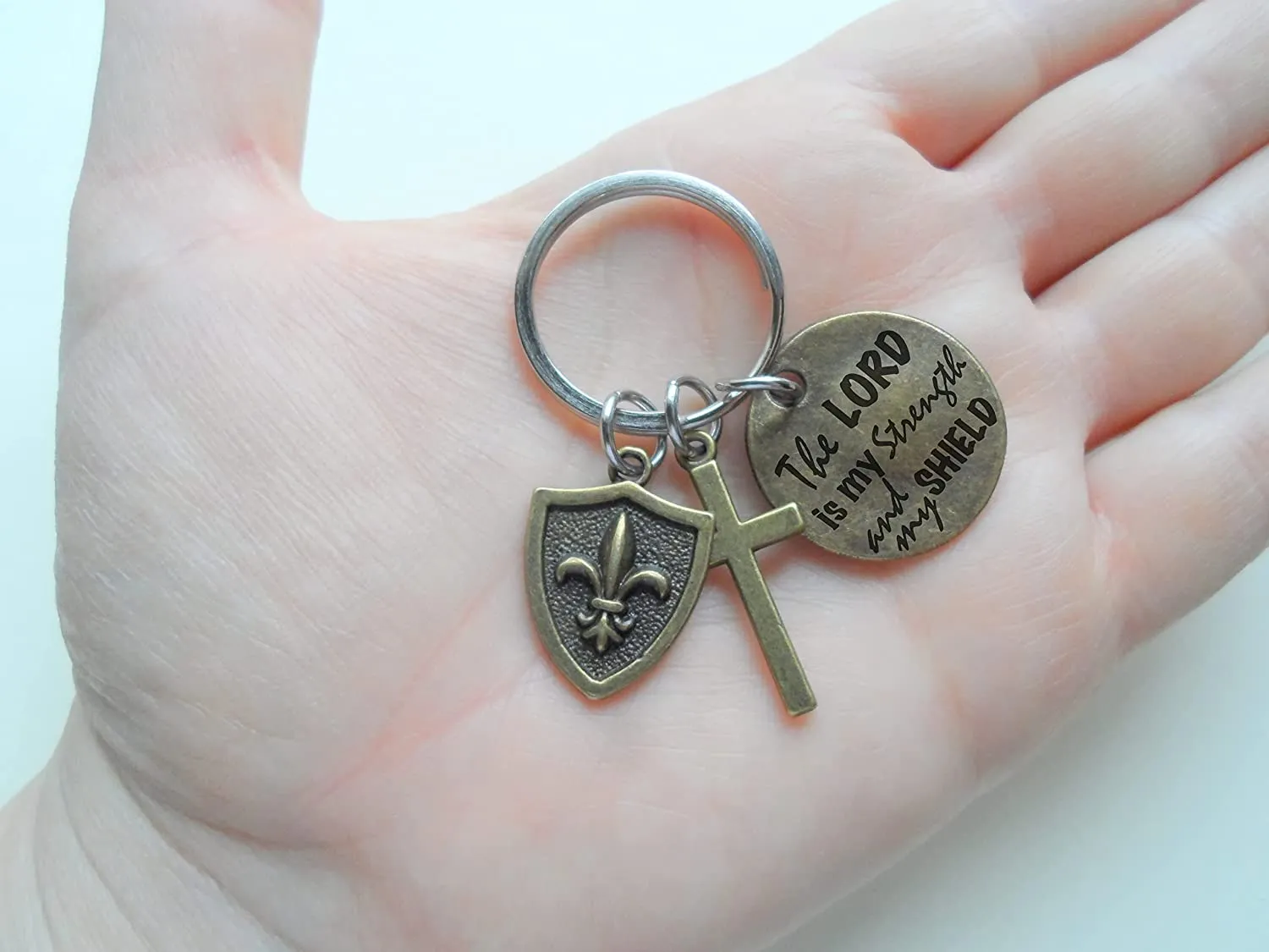 Bronze Shield & Cross Charm Keychain with Engraved Disc Saying "The Lord is My Strength and My Shield", Religious Keychain