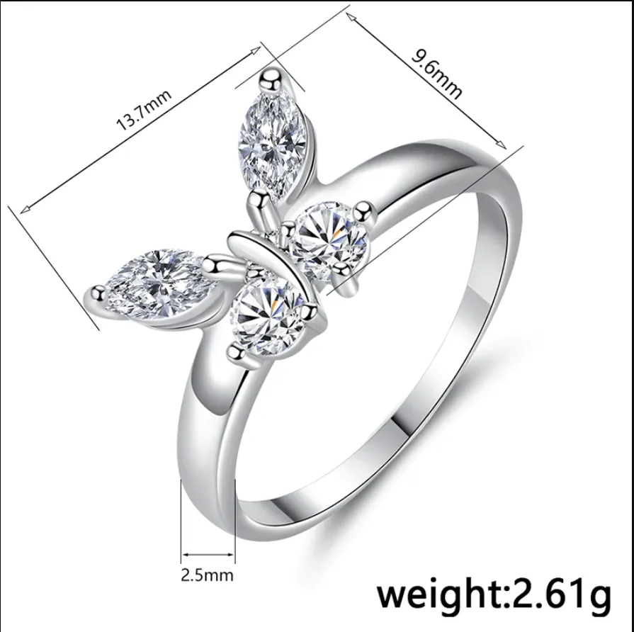 Butterfly Shining Crystal Zircon Ring for Women Princess