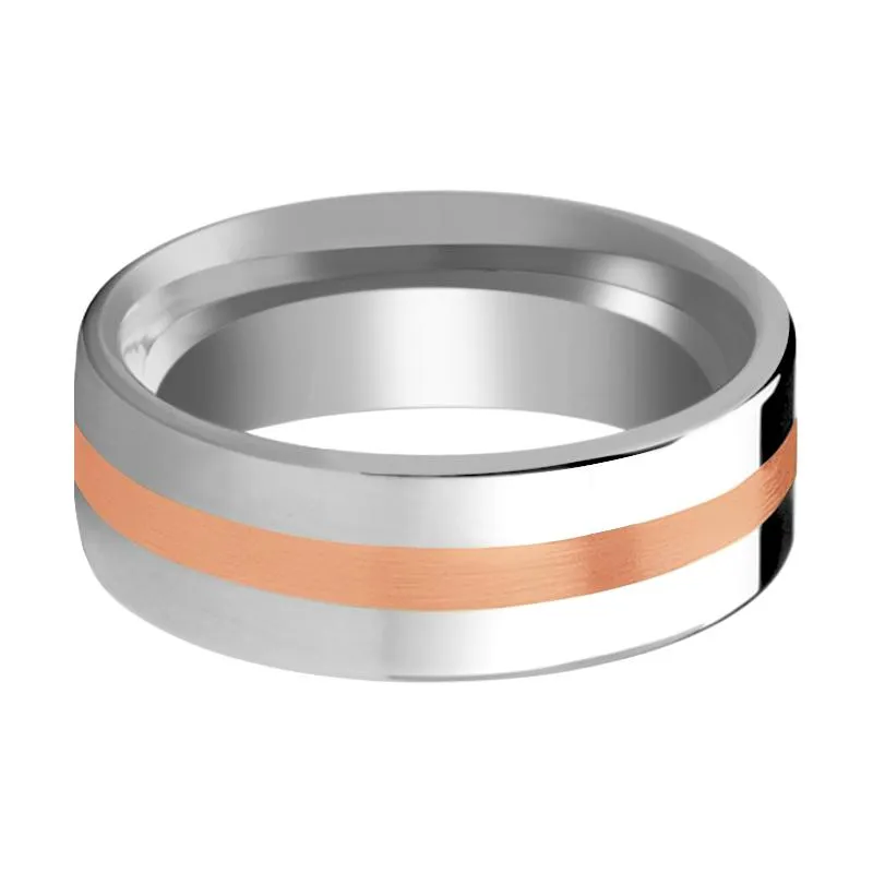CERBERUS | Silver Tungsten Ring, 14k Rose Gold Stripe, Flat
