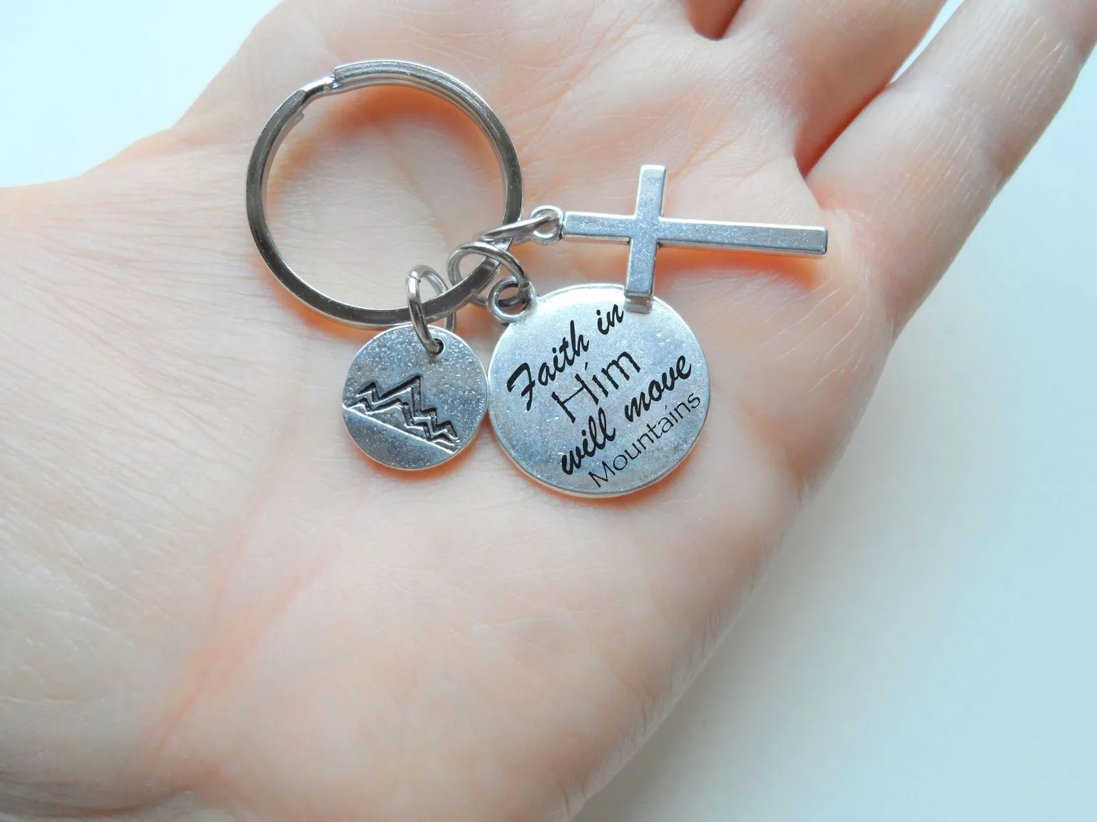 Cross & Mountain Charm Keychain with Engraved Faith in Him Disc, Religious Christian Keychain