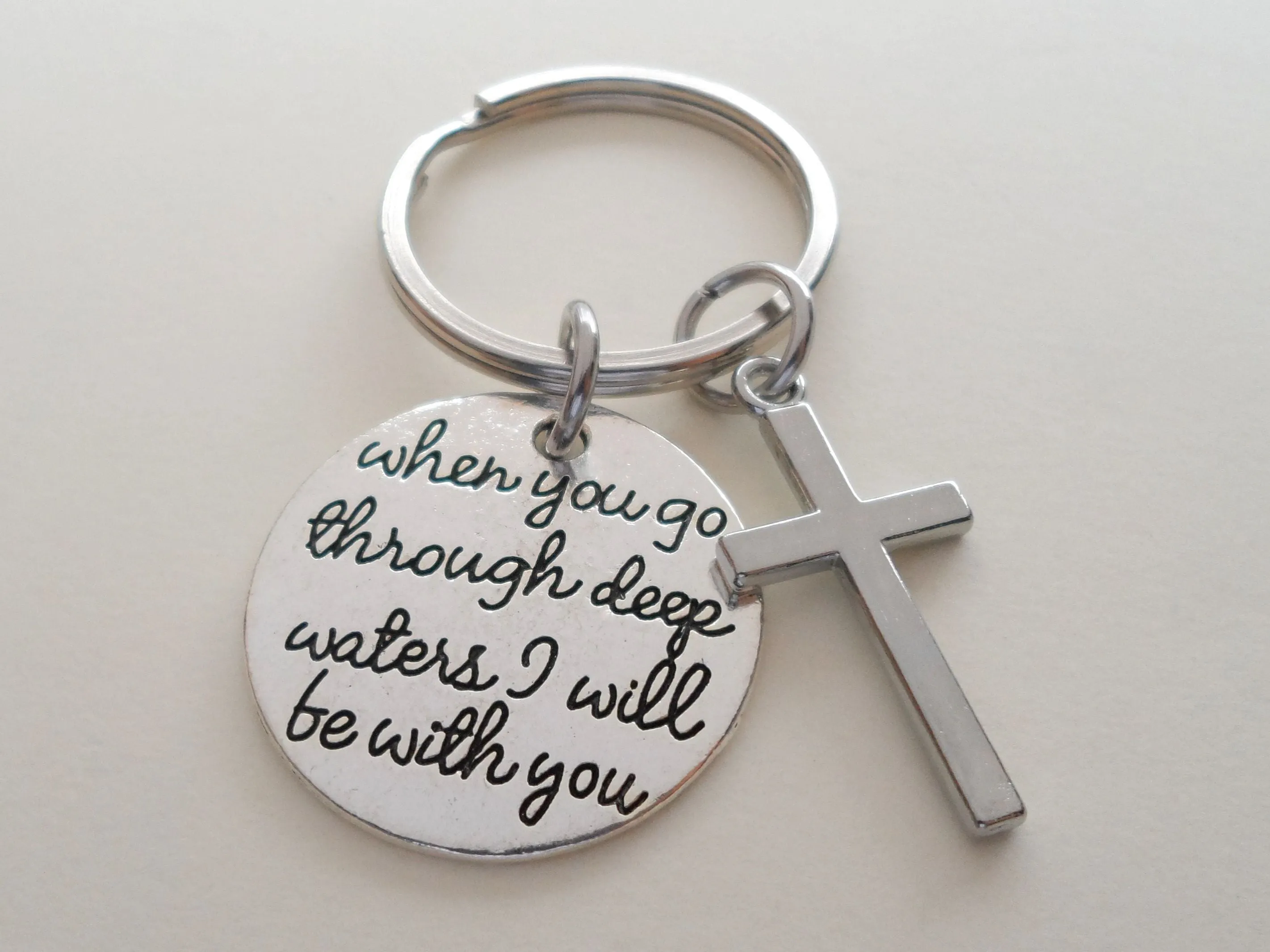 Cross Charm Keychain with Encouraging Saying Disc Charm "When You Go Through Deep Waters I will Be With You", Religious Keychain Gift, Christian Keychain