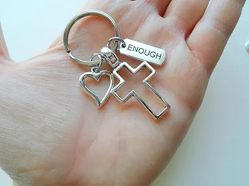 Cross Charm Keychain with Heart Charm & Word Tag Charm, Religious Keychain (Enough Tag)
