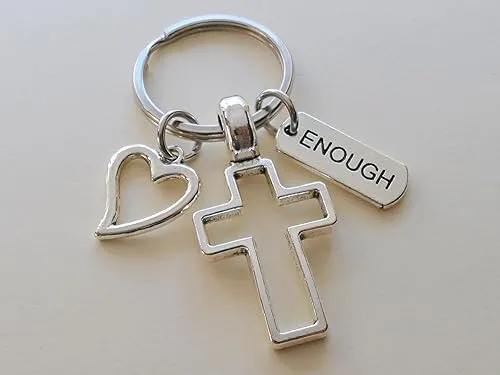 Cross Charm Keychain with Heart Charm & Word Tag Charm, Religious Keychain (Enough Tag)